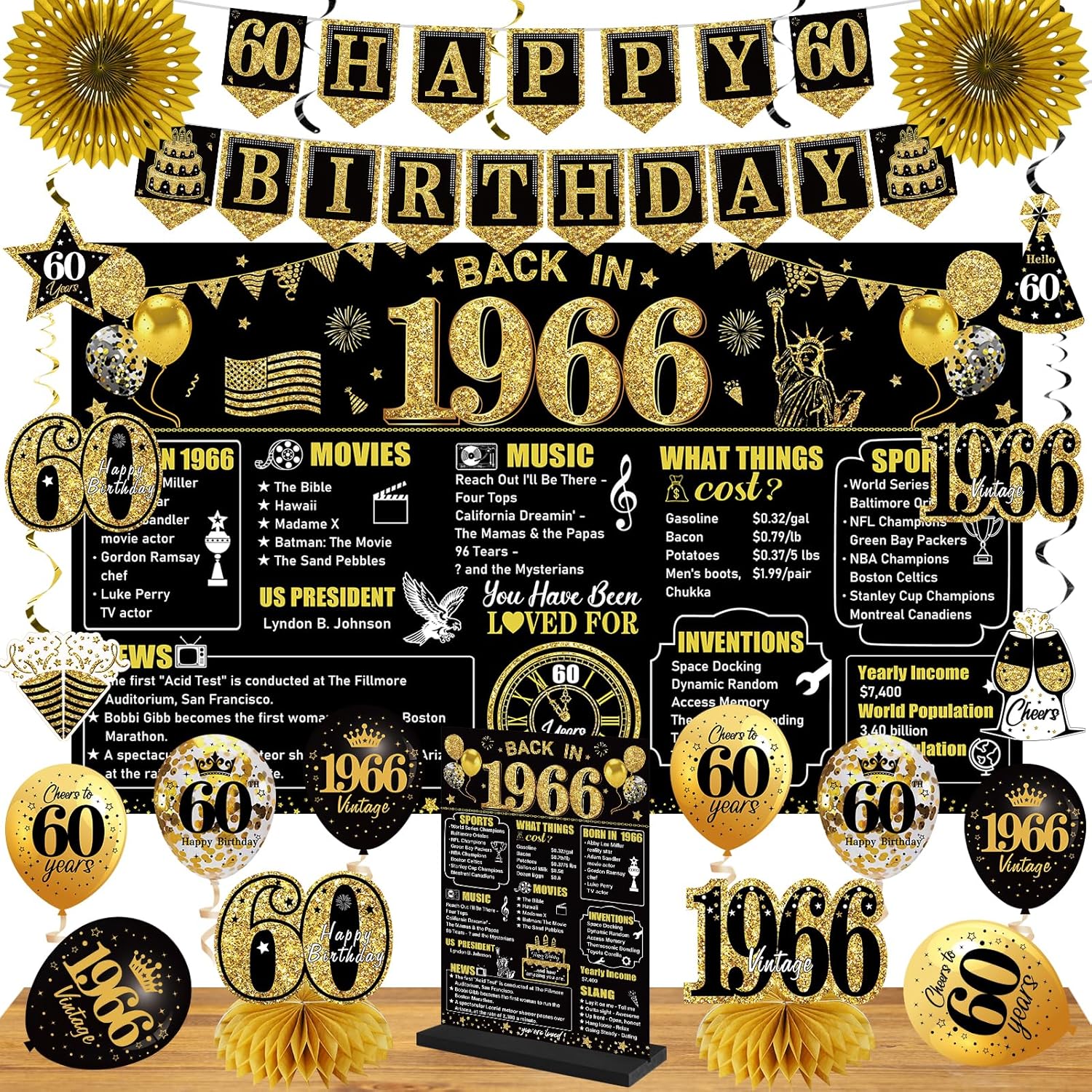 60th Birthday Decorations Kit for Men Women, Black Gold 24PCS Back in 1966 Banner Decorations, Vintage 1966 Banner Wooden Table Sign Poster Hanging Swirl Balloons Paper Fans Cheers to 60 years