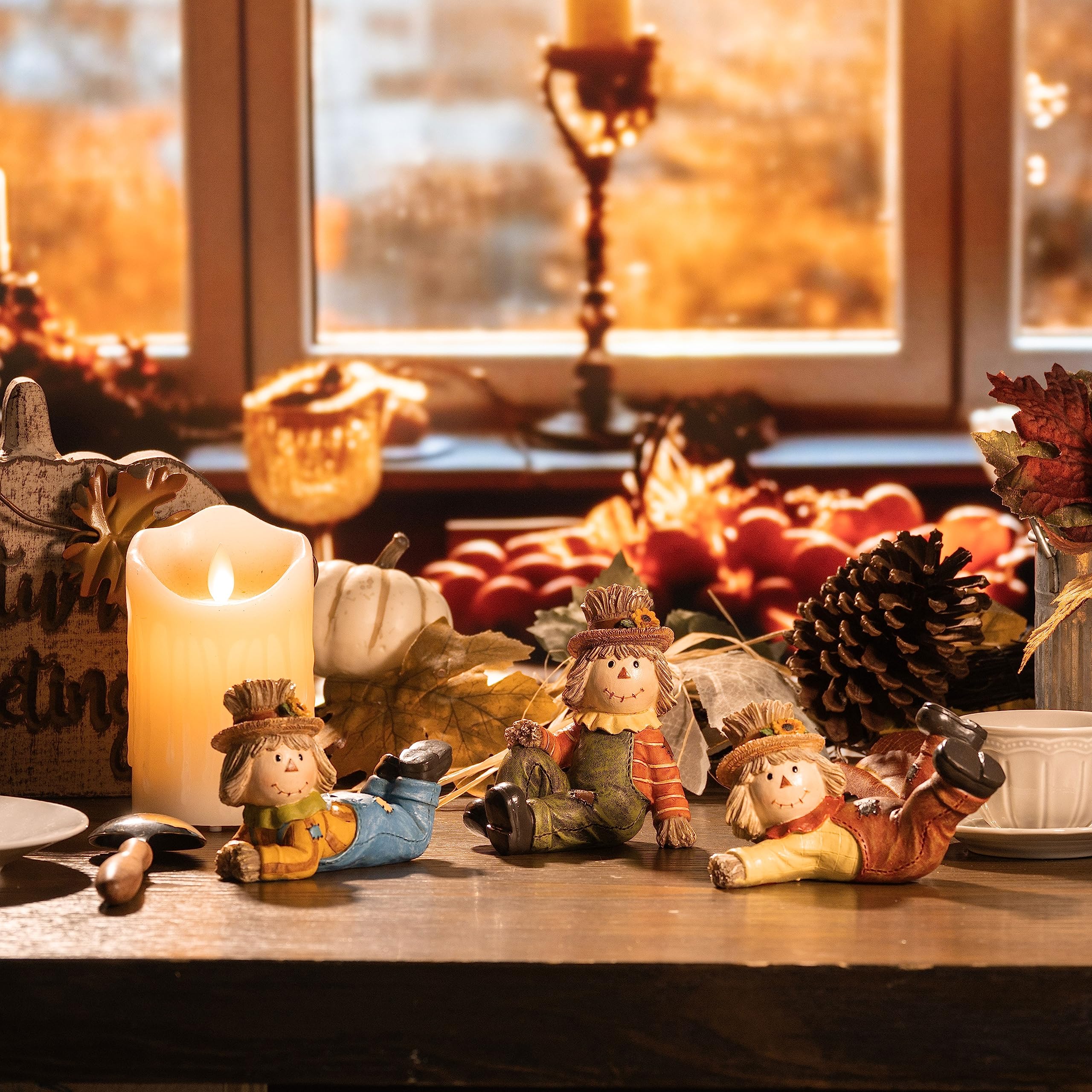 Décoration Table Saisonnière Lot De 3 Figurines épouvantails VALERY MADELYN - Décoration Automne 7 Cm - Halloween Thanksgiving Lot épouvantails Résine