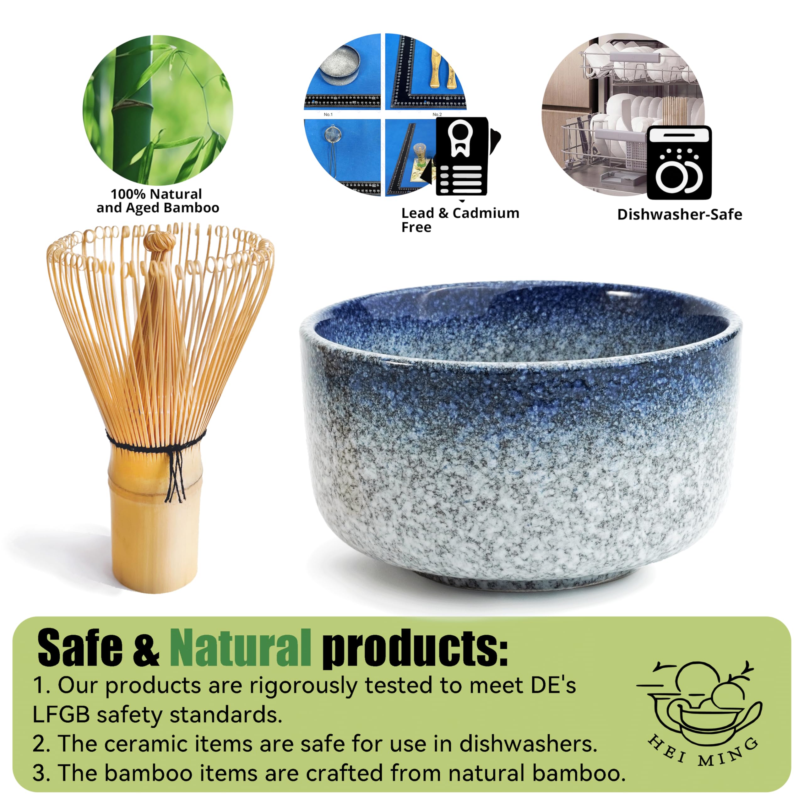 Matcha Set ha 8 Pezzi, kit Matcha Cerimoniale, Grigio Blu Ciotola in Ceramica e Matcha Whisk Fatte a Mano