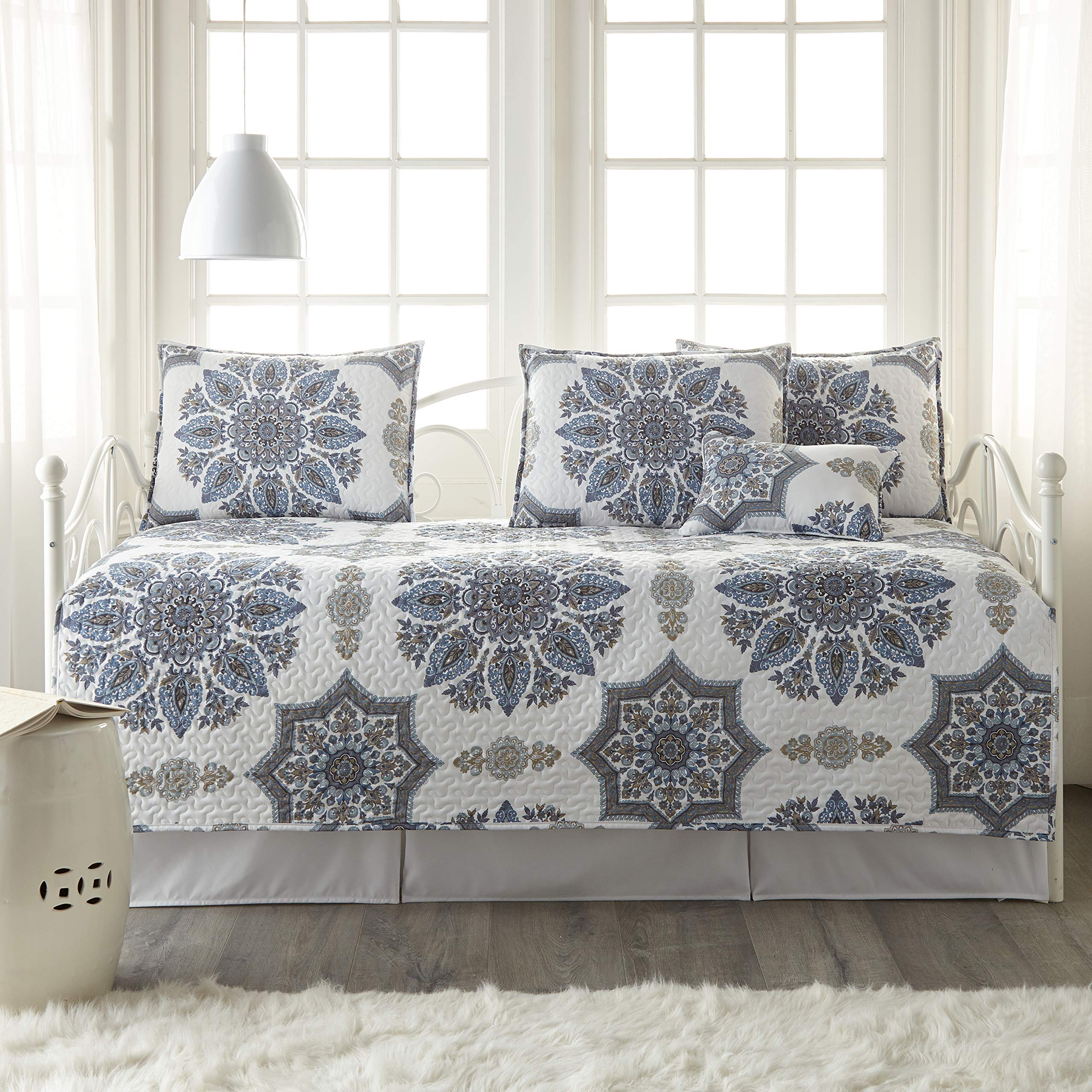 Southshore Fine Living, Inc. Twin Daybed Comforter Set, 6-Piece Twin Boho Bedding Set with Daybed Cover, 3 Pillow Shams, Bed Skirt, Throw Pillow - Twin Day Bed Quilt Set, Infinity Blue