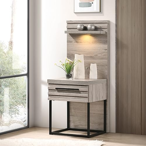 Miniatura 5 de Roundhill Furniture Alvear Cama tapizada de madera con luces LED blancas, 2 mesitas de noche, Queen, gris desgastado