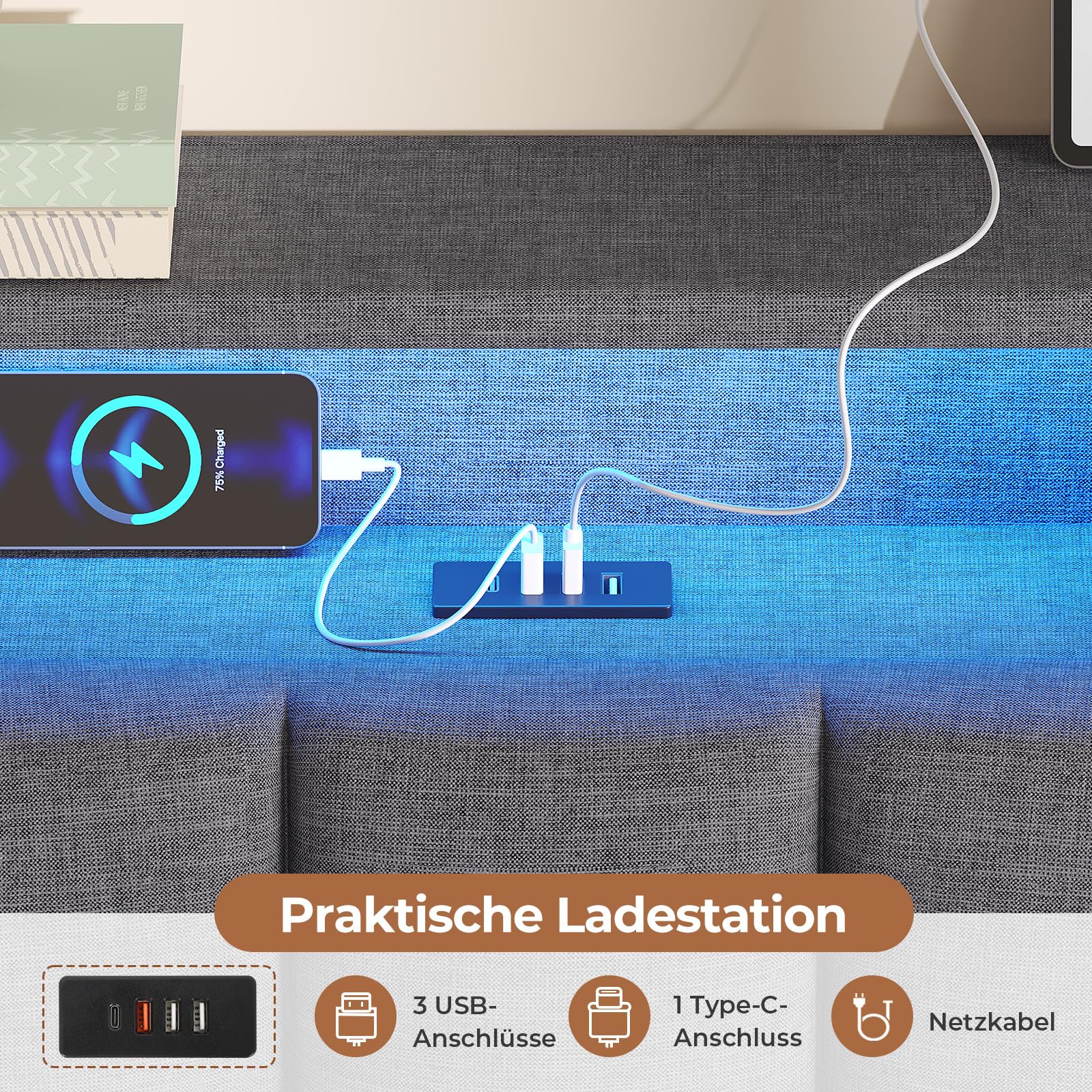 AOGLLATI Polsterbett 140x200cm, Bett 140x200 mit LED Beleuchtung und Ladestation, Schwebebett mit Kopfteil, Lattenrost aus Metall, Leichte Montage, Doppelbett, Leinen, Dunkelgrau (ohne Matratze)