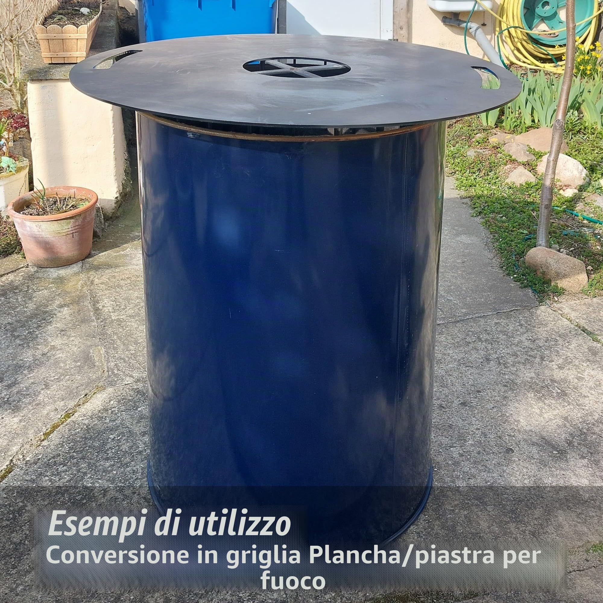 Plasteo® Bidone in metallo da 200 litri con coperchio, barile in acciaio, barile per olio, braciere, contenitore, bidone, barile di latta, tavolino alto, bidone per il fuoco, barile perghetto, blu