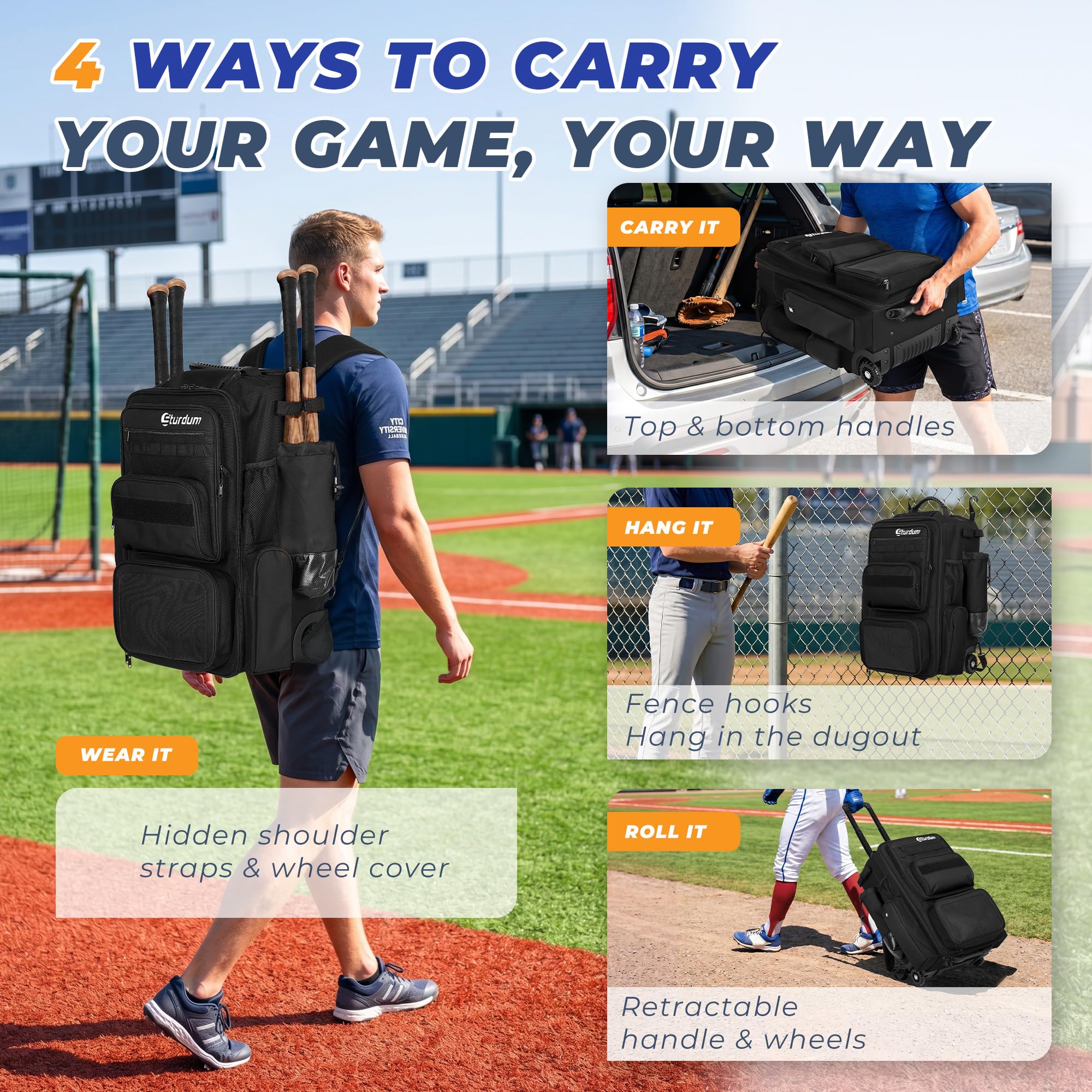 Sturdum Rolling Baseball Bag with Wheels, 70L Large Capacity Baseball Backpack with Hidden Shoulder Strap, Sturdy Softball Bag with Multi-Pockets, Shoe Compartment, Fence Hooks for Players, Coaches: Buy Online at Best Price