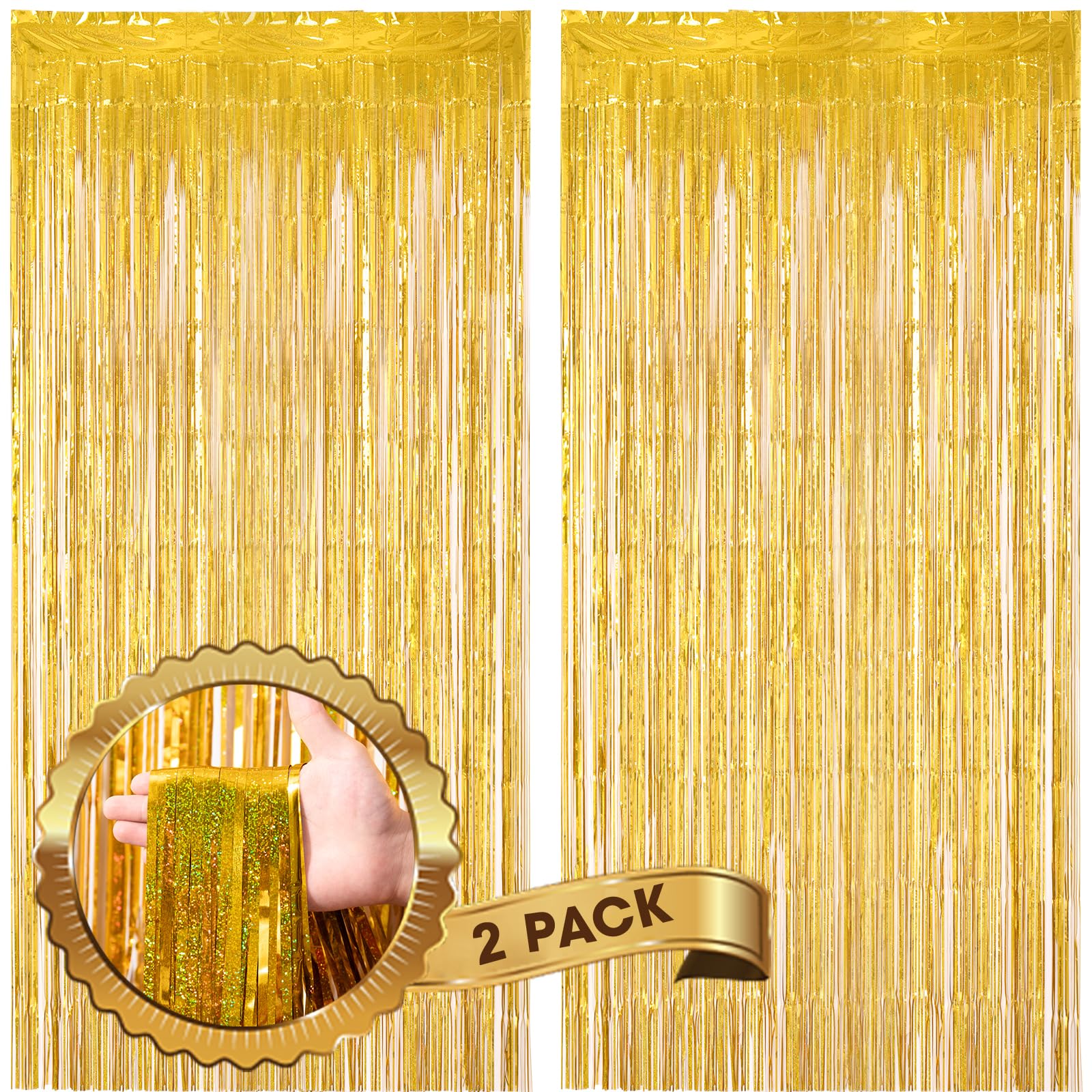 Voircoloria 2 Pack Laser Gold Foil Fringe Backdrop Curtains,3.3x8.2 Feet
