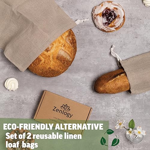 Miniatura 2 de Bolsas reutilizables de lino para pan, 100% lino, juego de 2 unidades, para panes artesanales, almacenamiento, comestibles (1 baguette + 1 bolsa)