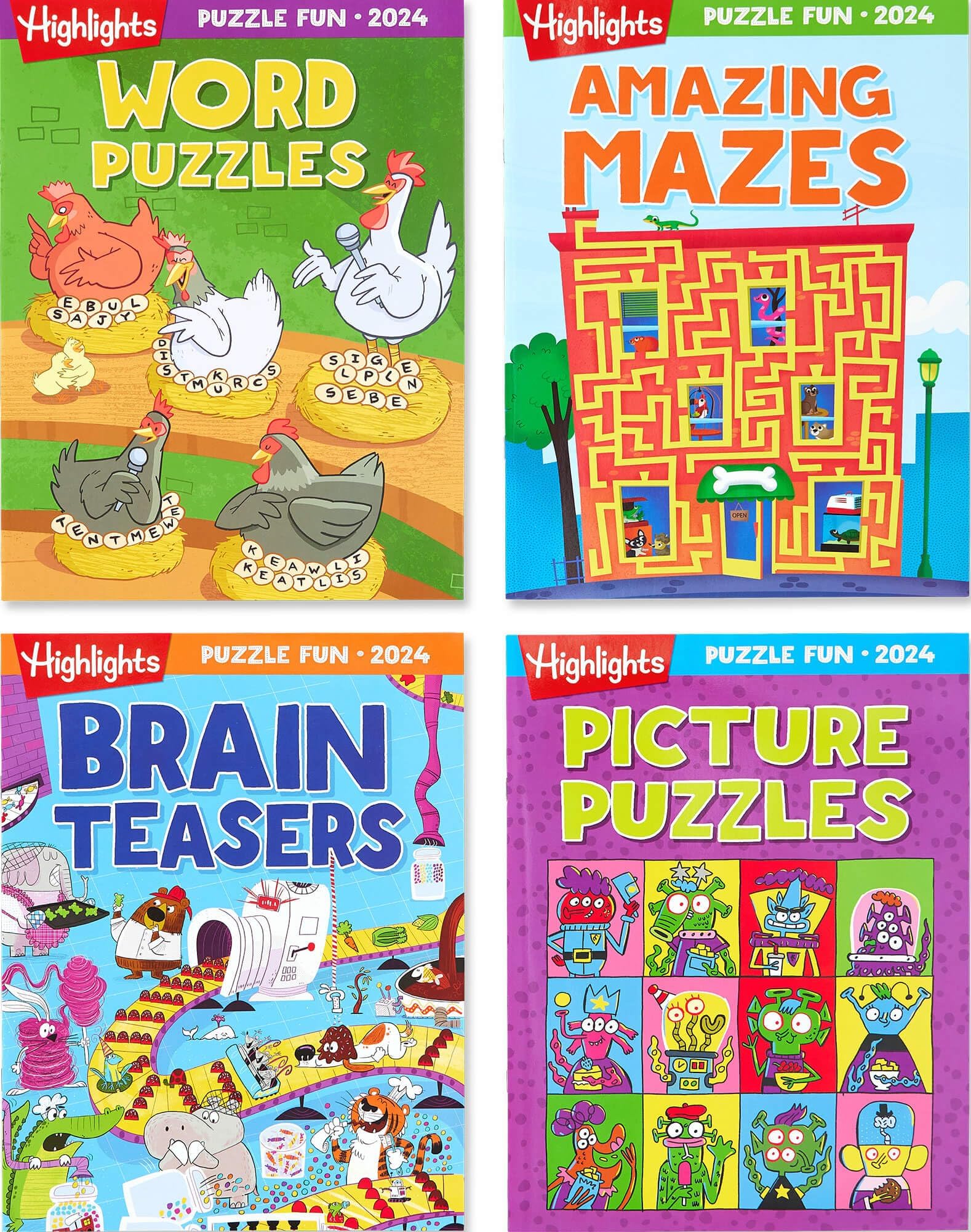 Highlights for Children Fun 2024 Puzzle Books for Kids Ages 6 and Up, 4-Book Set of Brain Teasers, Mazes, Word Puzzles and More Travel-Friendly Screen Free Brain-Boosting Activities