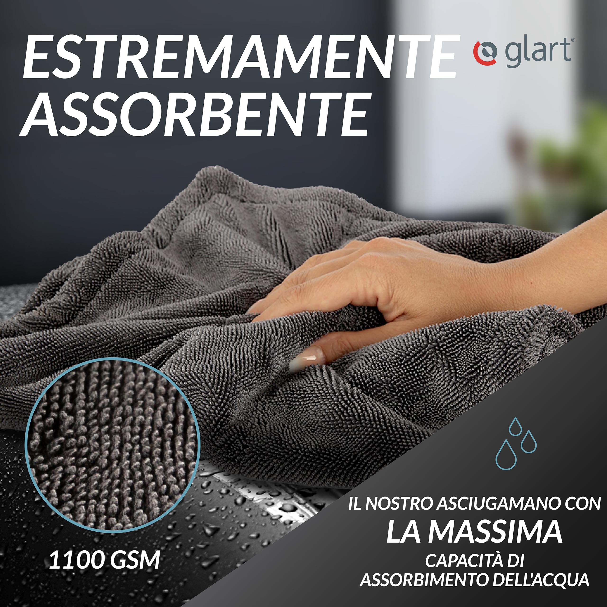 Glart 44TW68 Set Twist Panno Asciugante Auto XXL - Premium 80x55cm e 60x40cm panni in microfibra per asciugatura senza graffi prima/dopo lucidatura e pulizia dei cerchi, grande panno per auto e moto