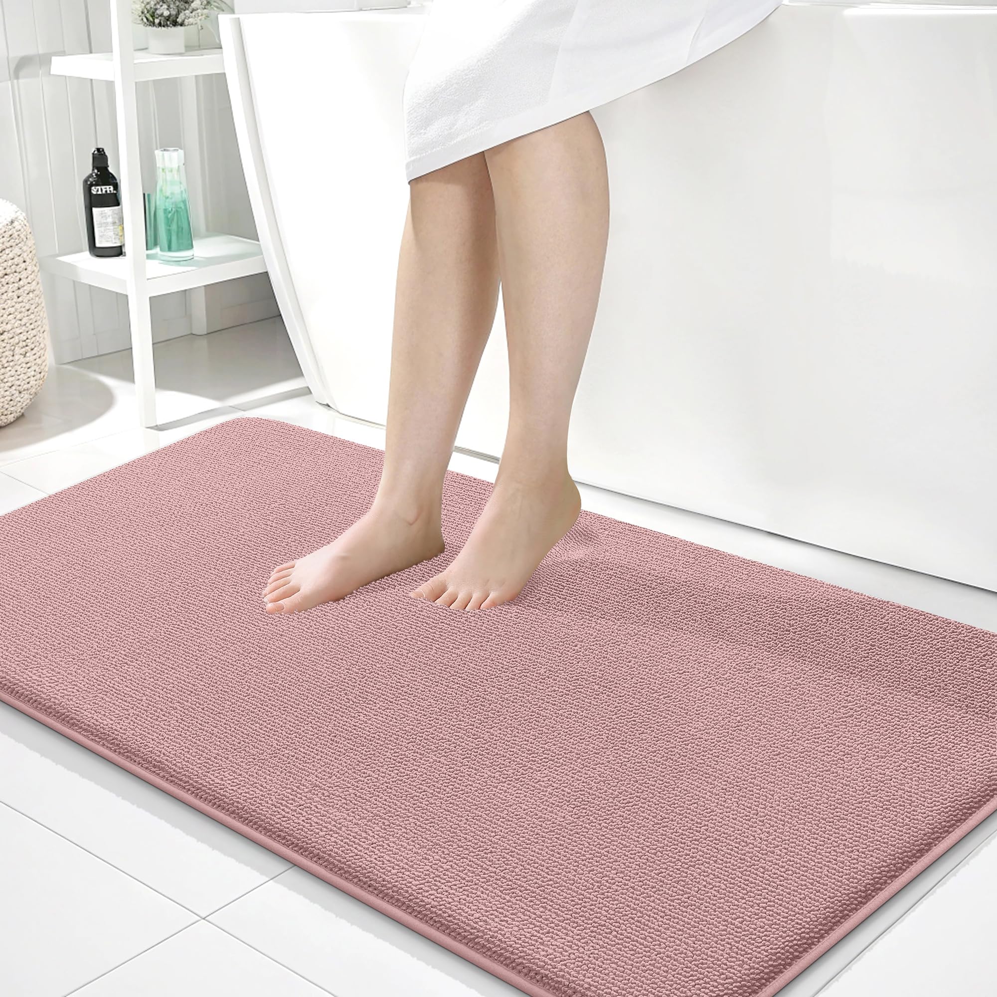 OLANLY Memory Foam Bathroom Runner Rugs 44x24, Long Bath Mats, Dusty Rose