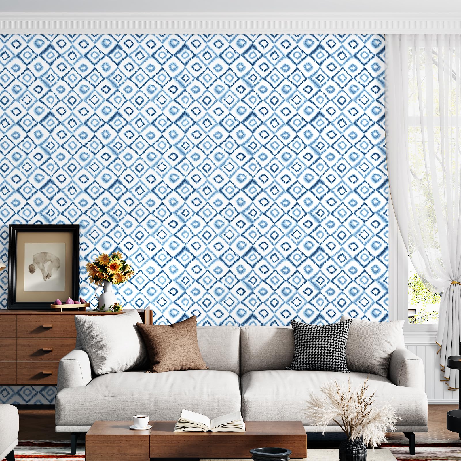 Niebieska tapeta odklej i przyklej papier kontaktowy blat samoprzylepny akwarele geometryczna tapeta ścienna do salonu sypialni 40 cm × 388 cm