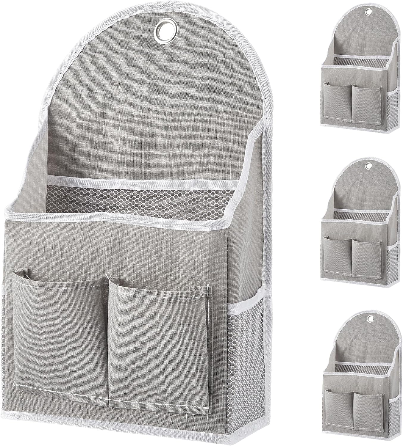 4-Pack Wall Hanging Storage Organizer - Cotton Linen Waterproof Pockets - Metal Grommets, Front & Side Mesh Compartments - Closet Hanging Bag for Home Organization, 23x9x40cm, Gray, 4-pack - Gray