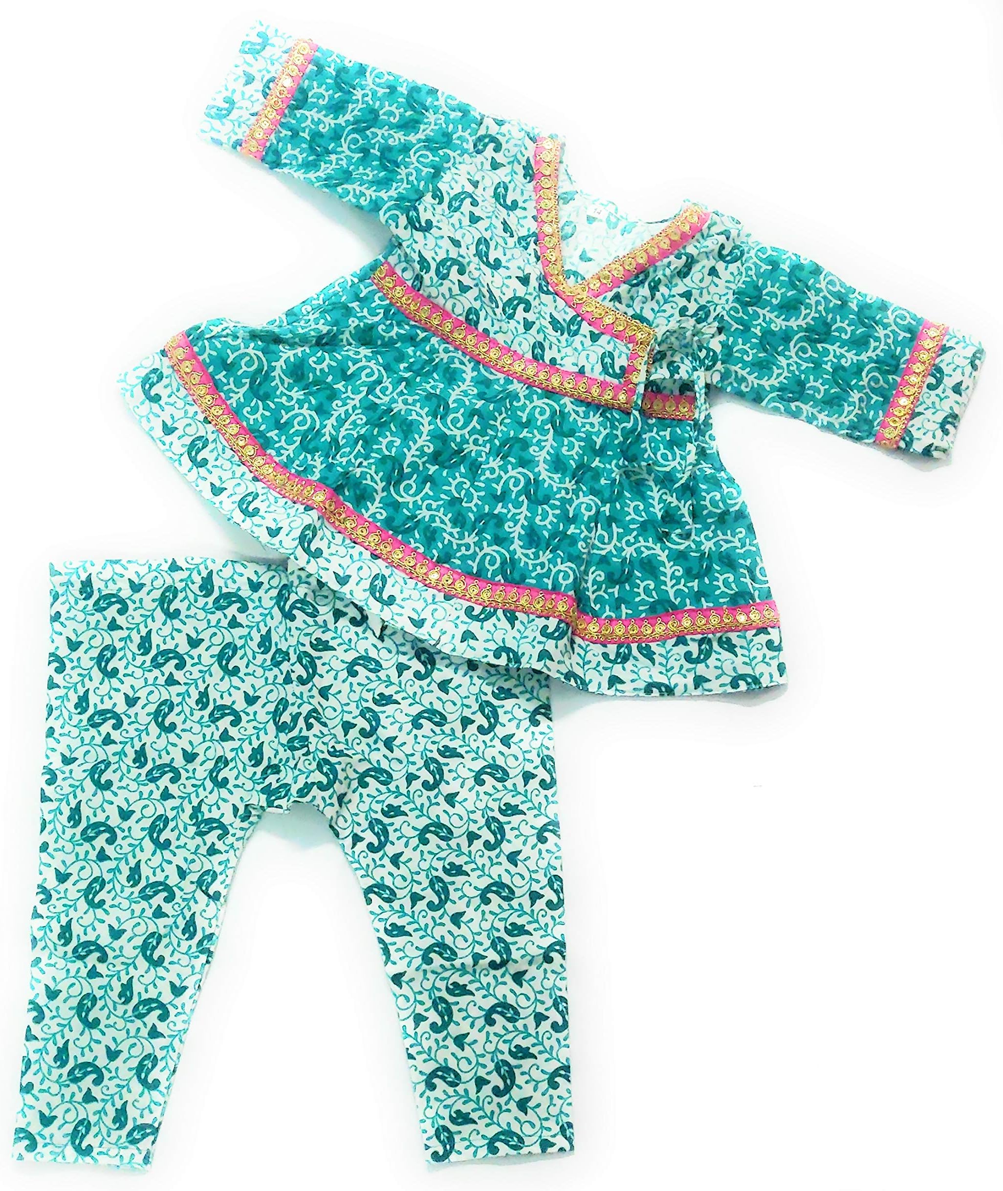 ANNA'S FASHION Printed cotton Anarkali kurti pajami dress for baby girls(green-12-18month)