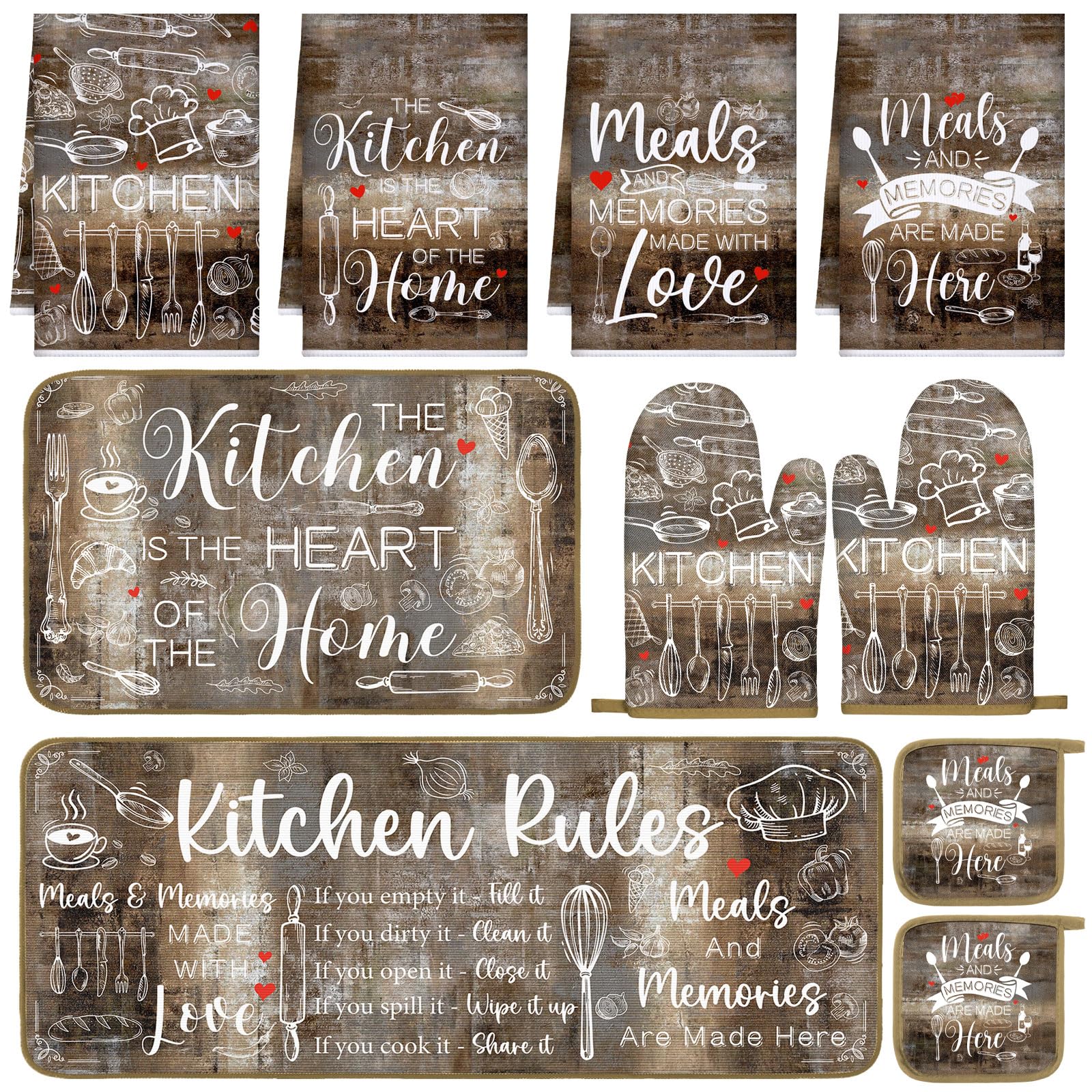 Fourluoo Juego de 10 manoplas de horno y soportes para ollas de estilo vintage, diseño rústico, guantes de horno para decoración del hogar, hornear, cocinar, cumpleaños, regalos de verano