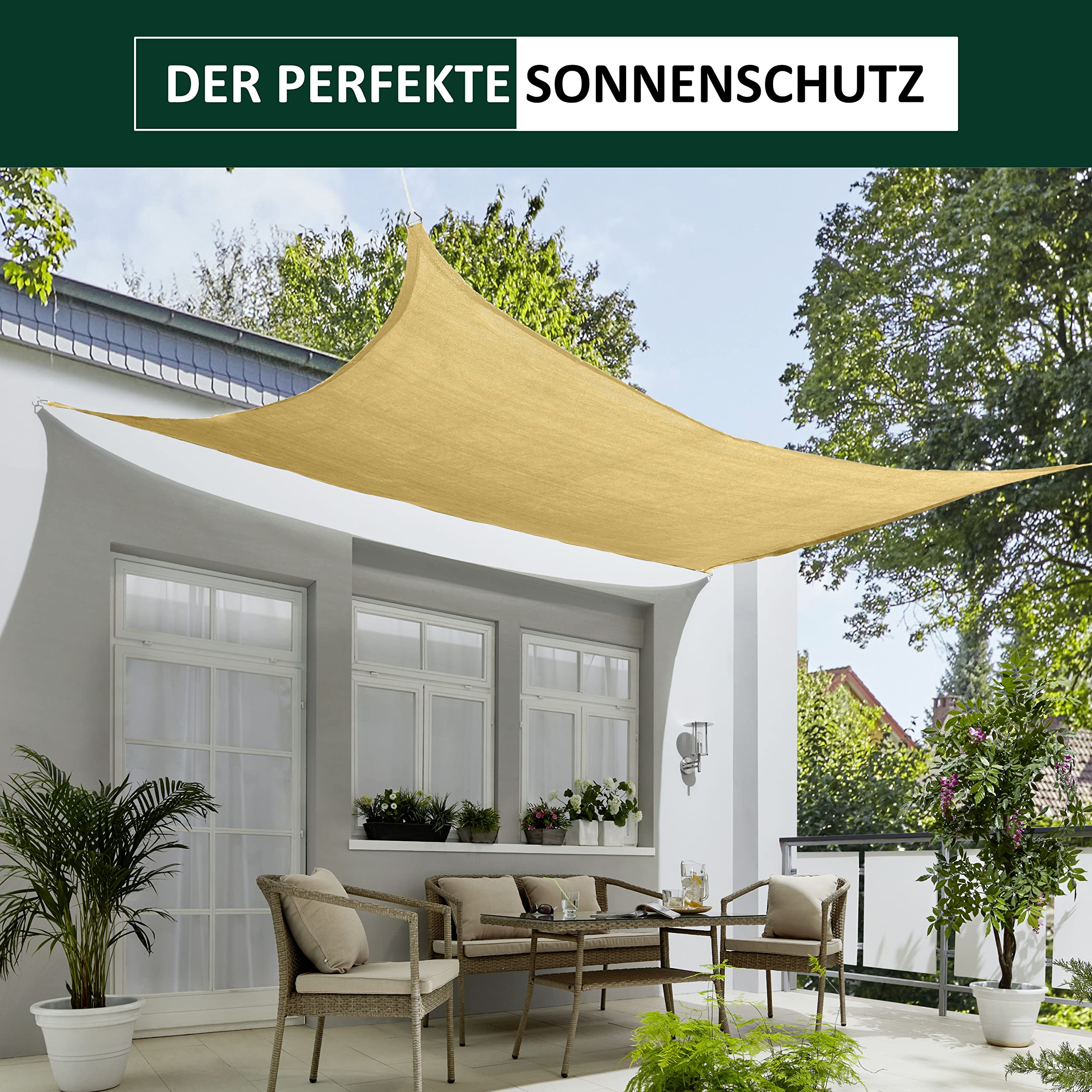 Sonnensegel Quadratisch 2x2 M – Creme, Wasserabweisend, UV-Schutz, Mit Ösen & Verstärkter Kante