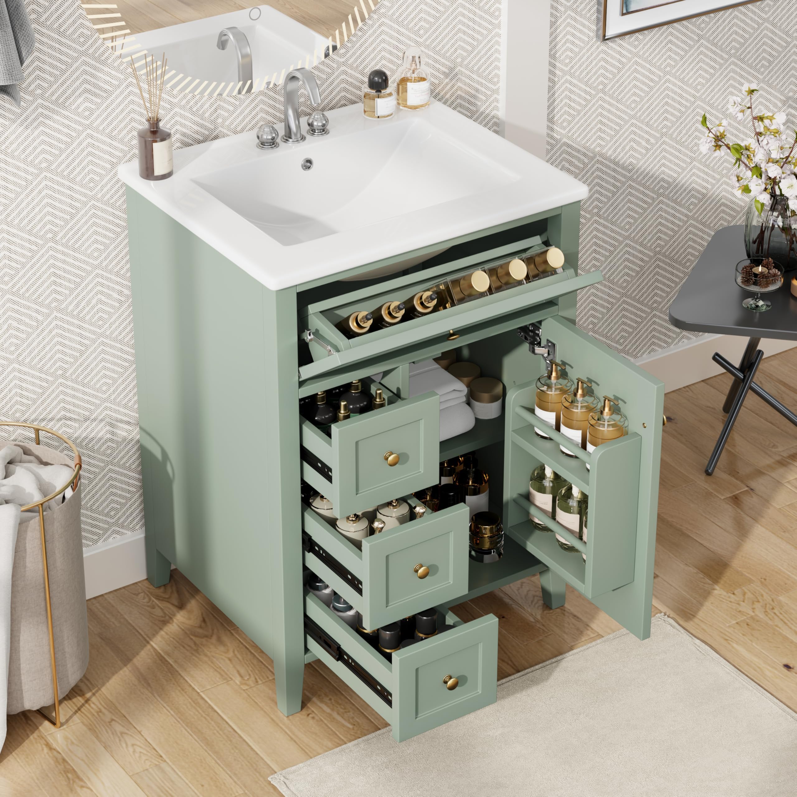 Bellemave 24" Bathroom Vanity with Sink Combo, Solid Wood Storage Cabinet with 3 Drawers and a Tip-Out Drawer, Adjustable Shelves, Soft Close Door with Built-in Organizer, Green