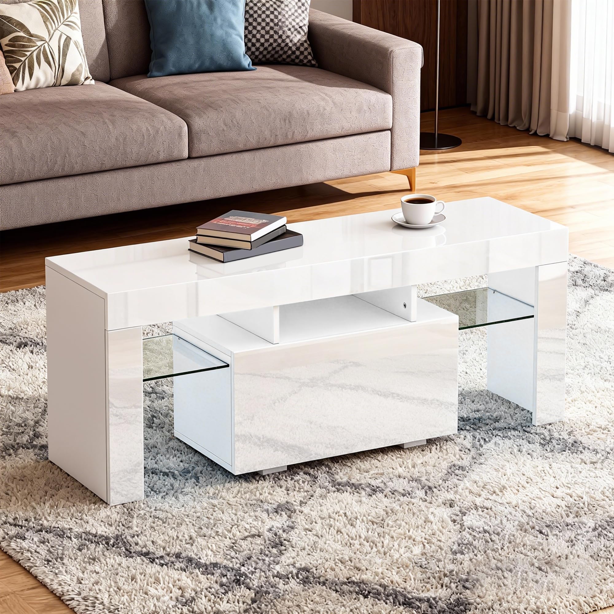 HOMCOM Mueble TV 120 cm con iluminación LED RGB, alto brillo, mueble de TV para hasta 43-50 pulgadas, estantes de cristal templado y armario abatible, banco de TV para sala de estar, dormitorio