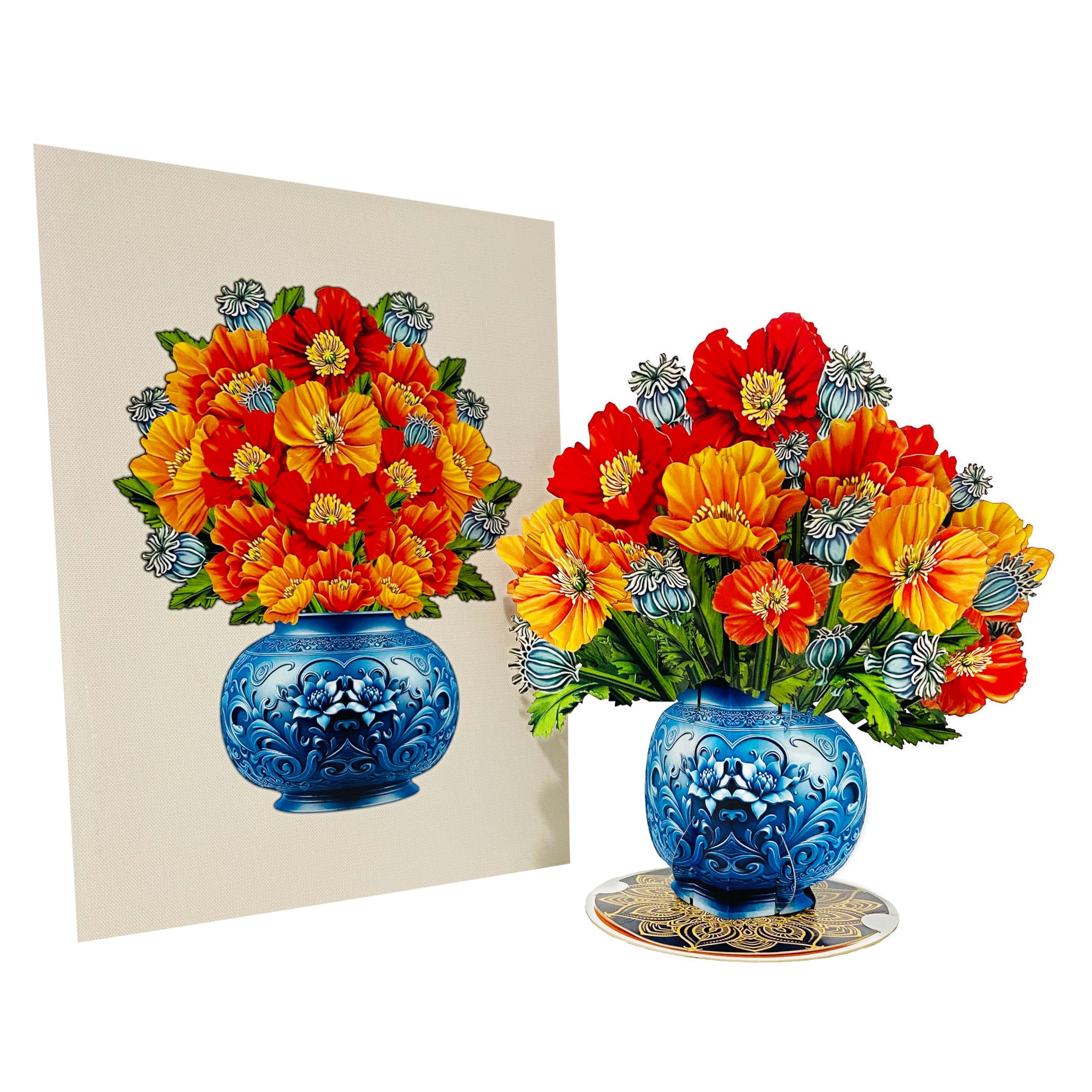 Poppy Flower Pot Bouquet 3D Pop Up Card, with Detachable Paper Flower Bouquet, Gift for Birthday, Anniversary, Thank You, All Occasion - Includes Note