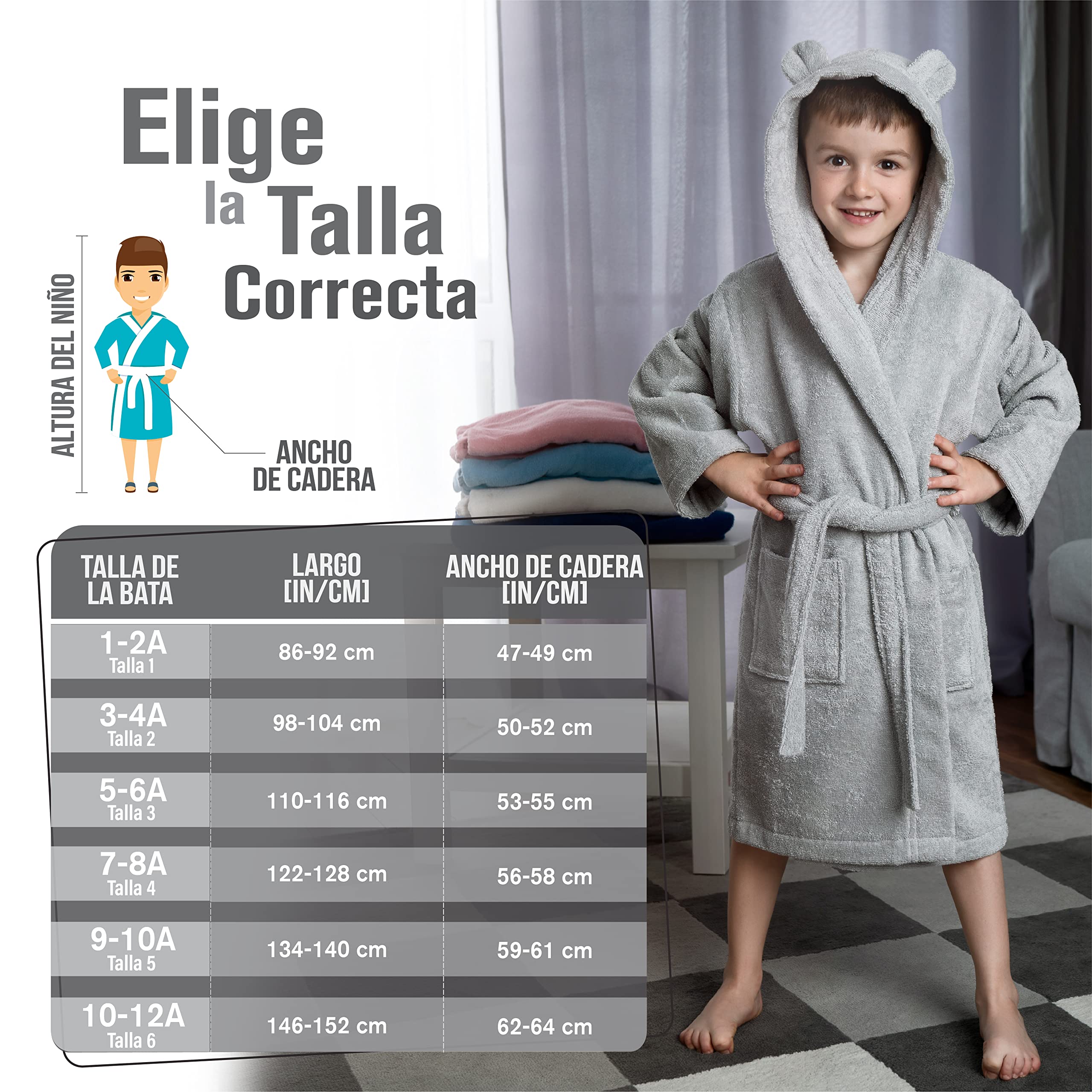 Albornoz Niños Algodón OEKO-TEX® Bata de Baño 2 Bolsillos Cinturón Capucha