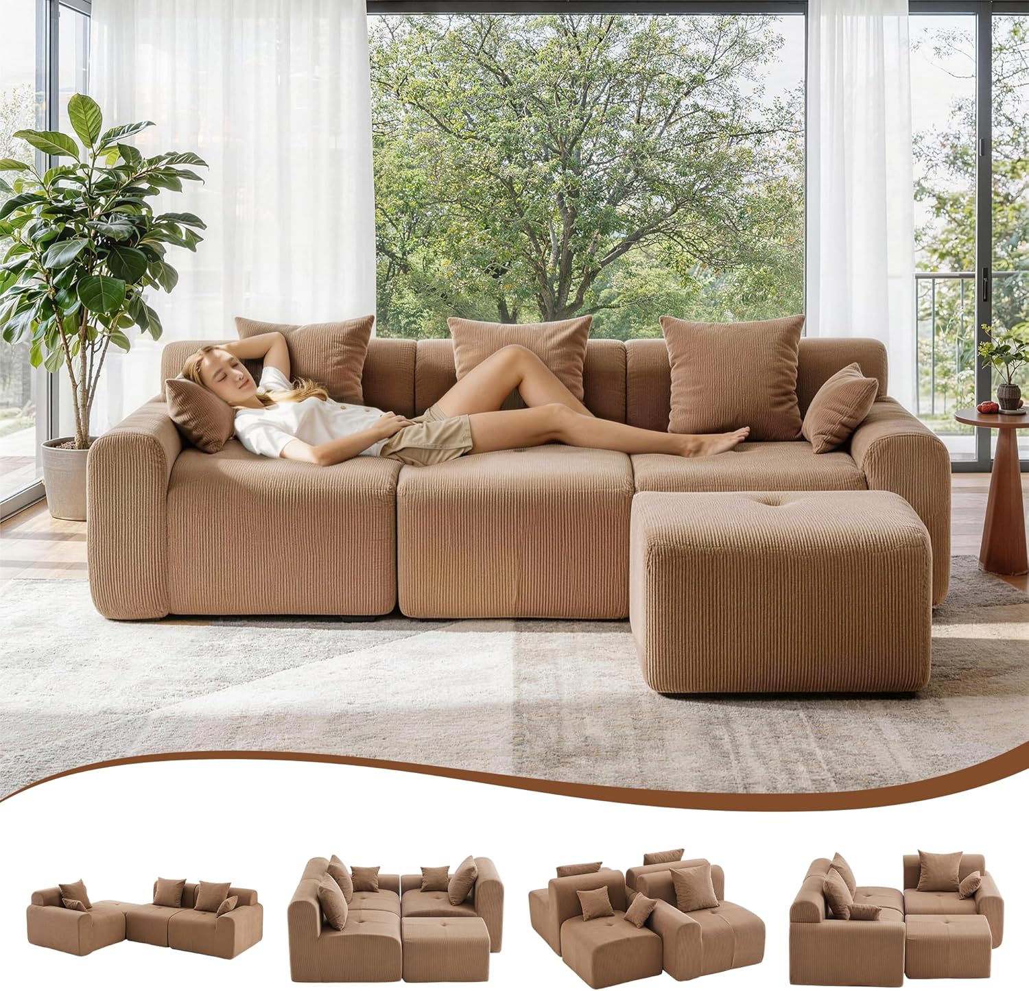 L Shaped Modular Sectional Sofa with Ottoman, Cloud Boneless Couch with Deep Seat, Set of Soft Upholstered Sofa, Flexible Module Combination for Living Room with 5 Pillows, No Assembly, Camel