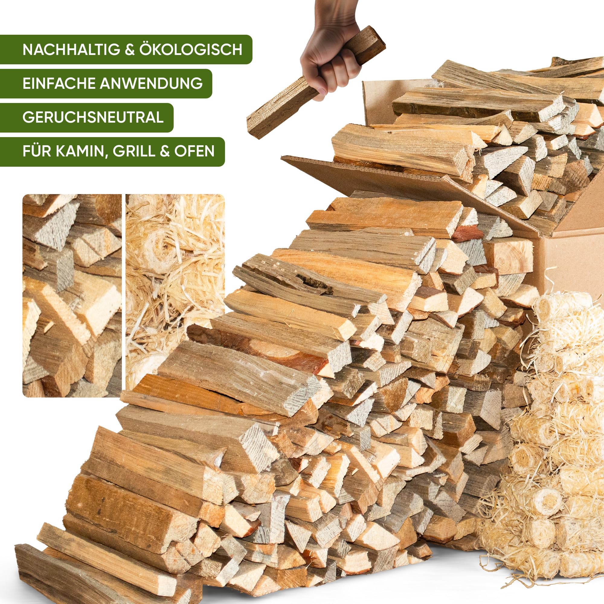 Anzündholz aus Kiefer, 27 L Box (ca. 7 kg) mit Holzwolle-Anzündern | Naturprodukt, Kaminanzünder für Ofen, Grill & Feuerstelle