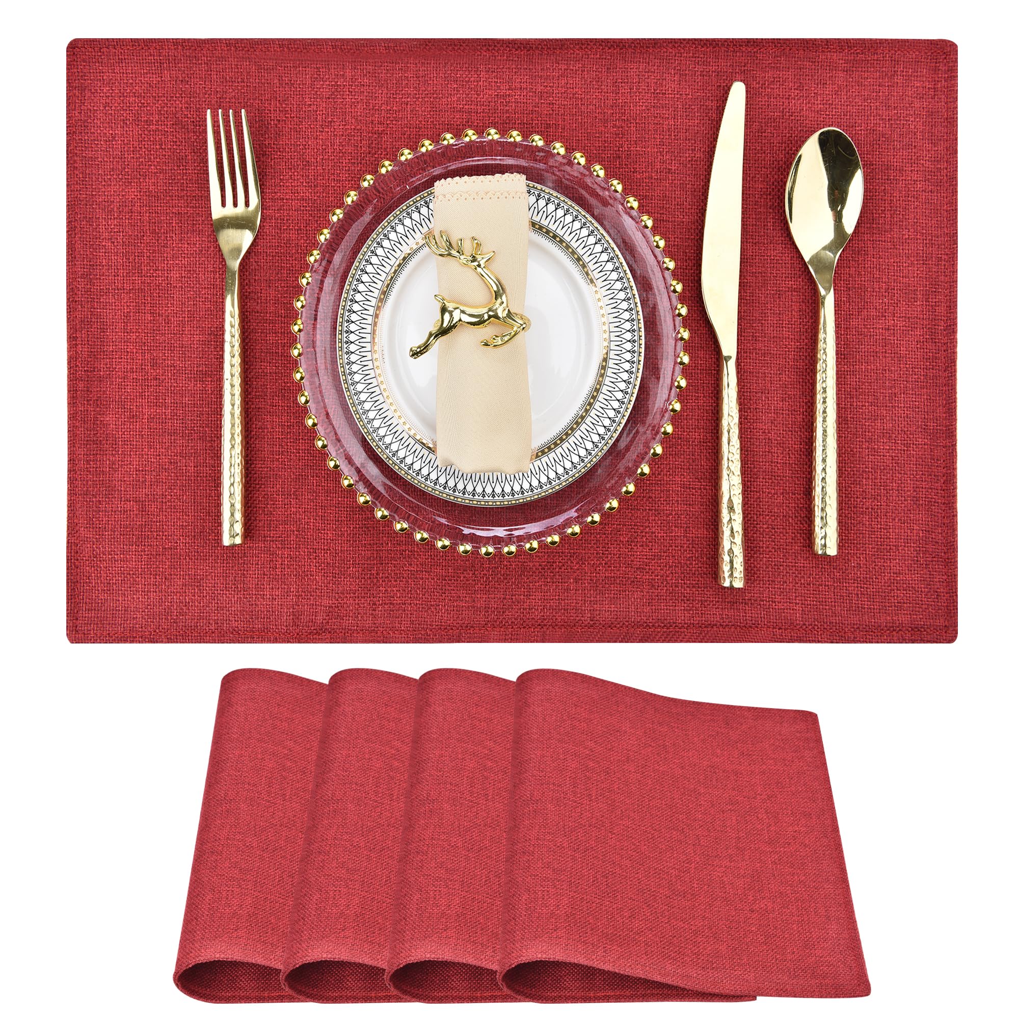 SLKQG Christmas Linen Fabric Placemats Set of 4 - Holiday Dining Table Mats for Festive Decor, Heat Resistant & Machine Washable, Place Mats for Dinner Parties, Xmas Gift for Home (4, Wine Red)