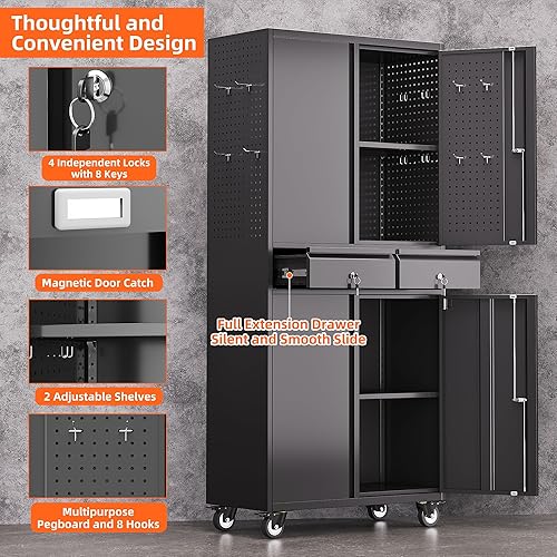 Miniatura 3 de Armario de almacenamiento alto de metal con ruedas, gabinete de almacenamiento de garaje rodante, archivador con cerradura con estantes