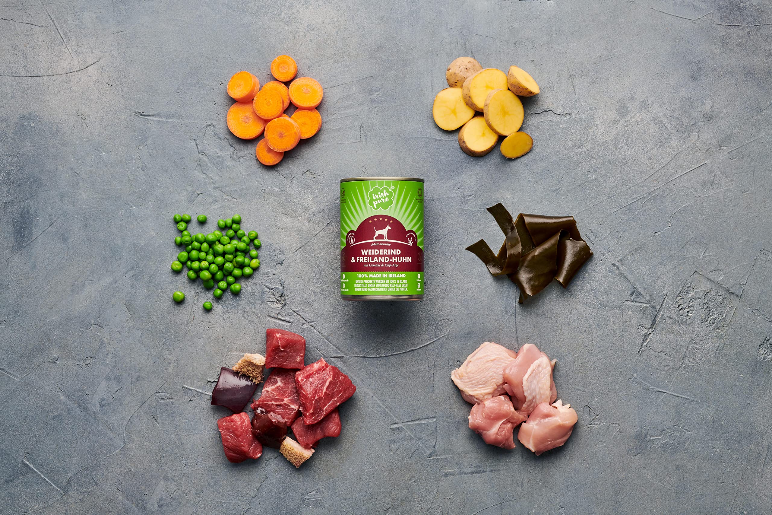 Irish Pure 12 latas de comida húmeda para perros, comida húmeda prémium irlandesa y pollo al aire libre, verduras y algas celp (12 latas de 390 g)