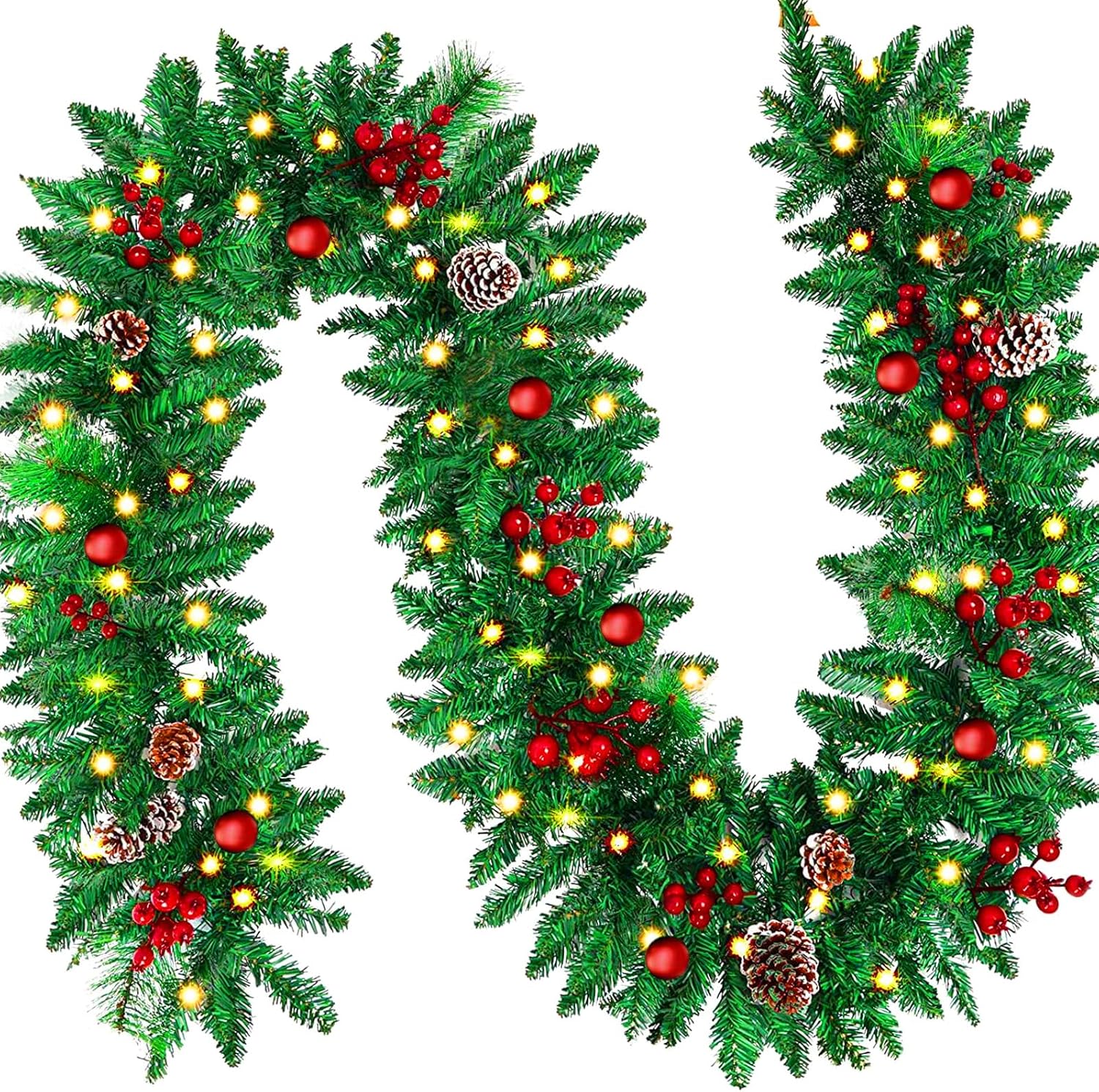 9FT Pre-Lit Christmas Garland with Red Berries and Balls, Pine Cone, 50 Battery Operated Soft LED Lights for Mantle Staircase Indoor and Outdoor