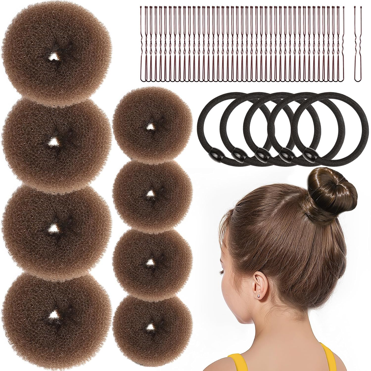 FANDAMEI Hair Bun Maker for Kids, 4PCS Donut Bun Maker Small with 4PCS Extra Small Hair Buns Kit. Ballet Hair Bun Maker for Kids, Hair Bun Set with Elastic Hair Ties, Hair Pins.(Brown)