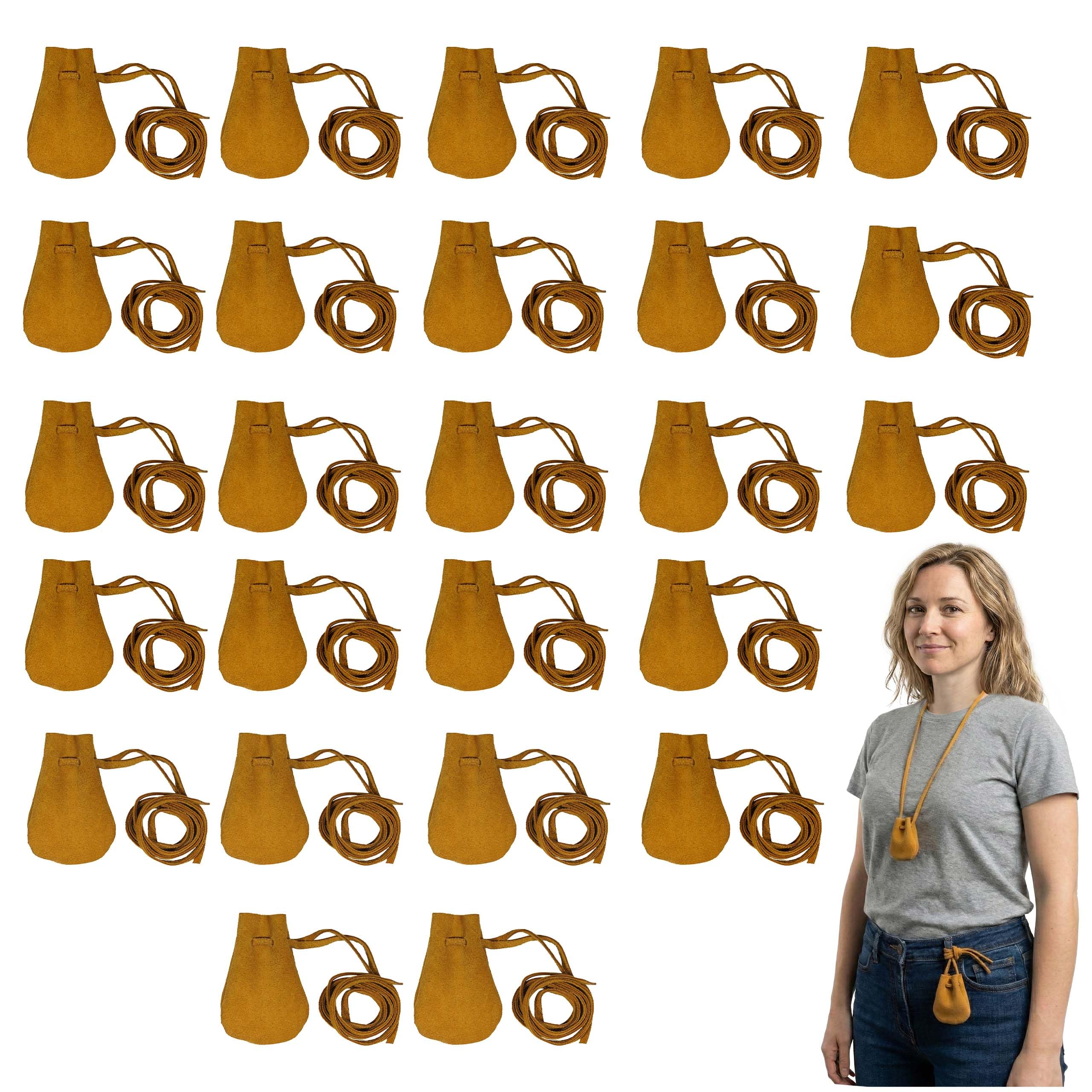 Mythrojan Pack of 25 Small Trinket Pouches Suede Leather Drawstring Coin &amp; Dice Bags for LARP, SCA, Viking &amp; Medieval Events, Color : Yellow