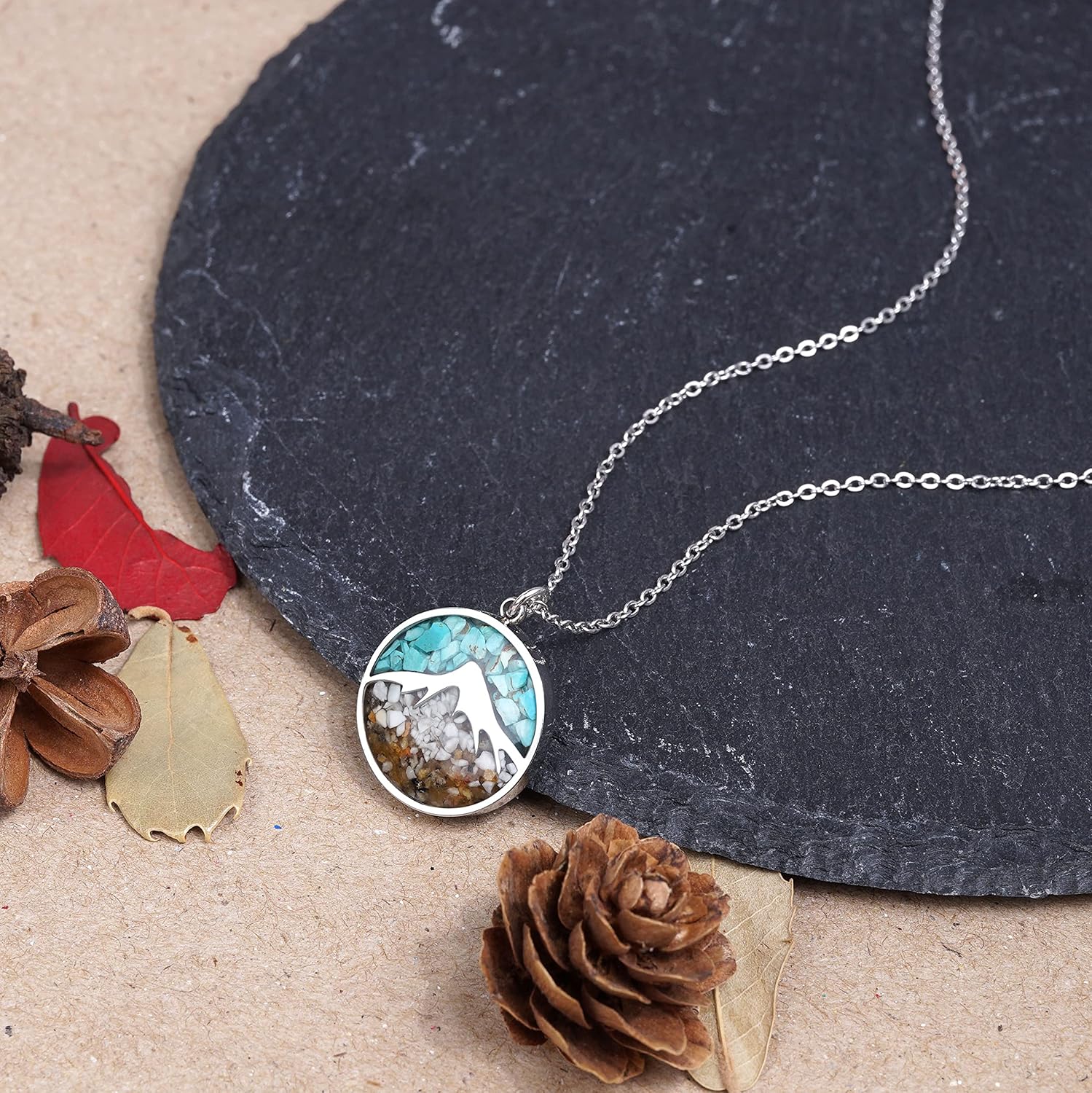 Lauren-Spencer Mountain Necklace for Women, Stainless Steel Pendant Necklace in Turquoise Sodalite Stone Chips, Dainty Nature Necklaces Jewelry Gifts for Skiers, Hikers, Campers, Climbers and Nature Lovers - Image 3