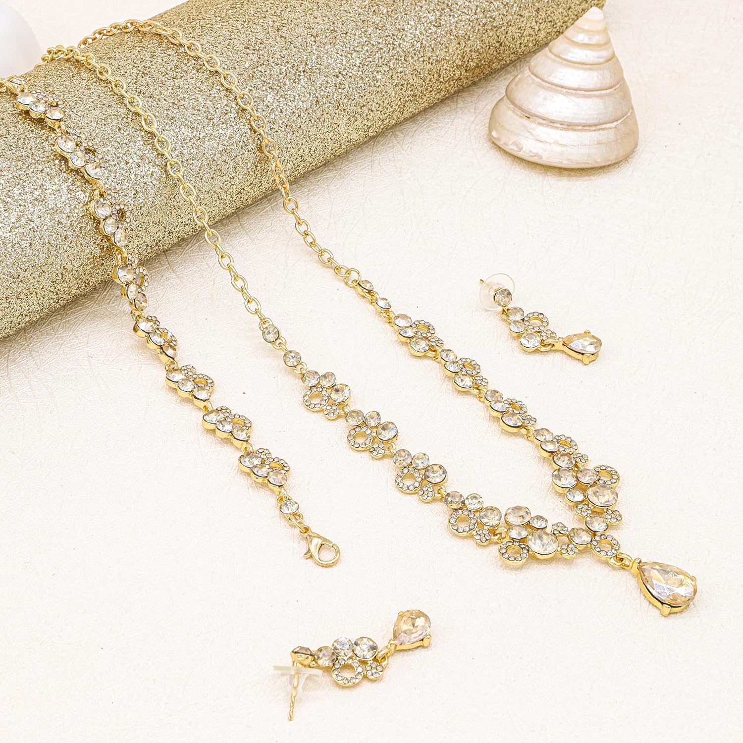 Oriamour Bridal Jewelry Set, Crystal Rhinestone Necklace Bracelet Earrings, Silver - Image 4