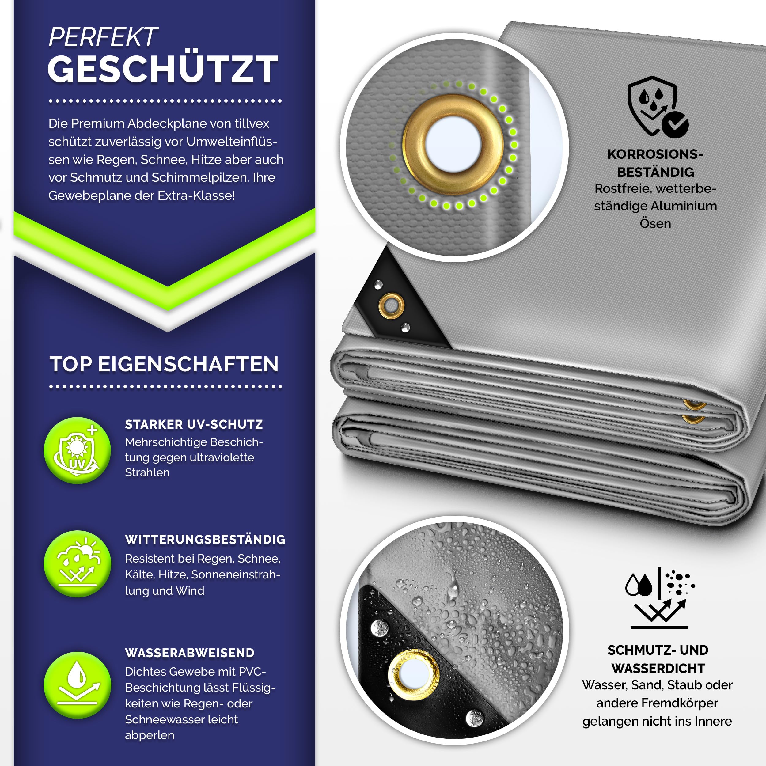 tillvex® Abdeckplane mit Ösen + 10x Spanngummi & 15m Seil | Gewebeplane 650g/m² Wasserdicht & Reißfest | Premium PVC-Plane Universell LKW, Pool, Holz Gartenmöbel | Gartenplane Abdeckung (Grau, 4x8 m)