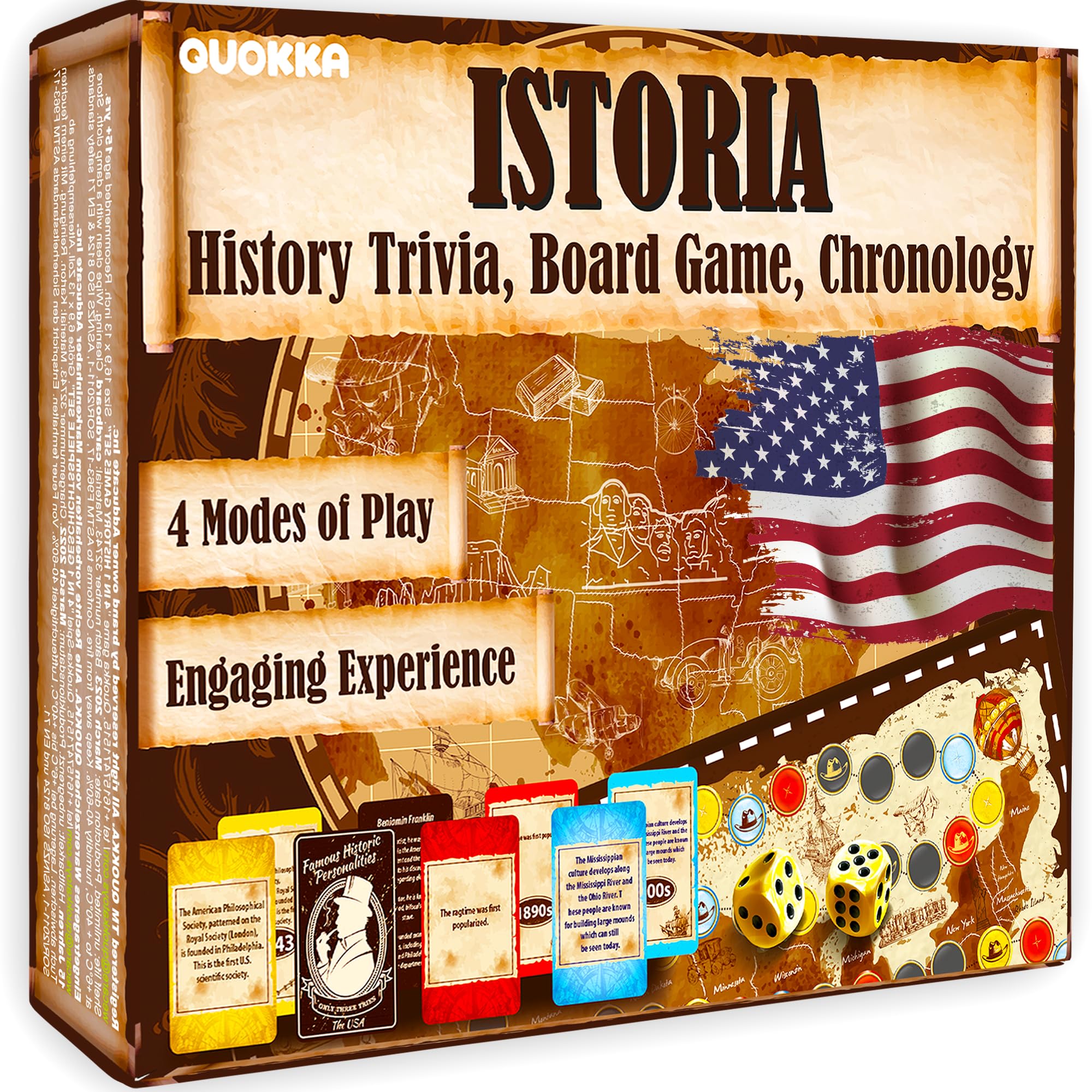 Quokka 4in1 History Trivia Game for Adults - 500 Learning Cards Chronology Board Game - 2 + Players Educational Game for Family Night - Historic Personalities | History | Science