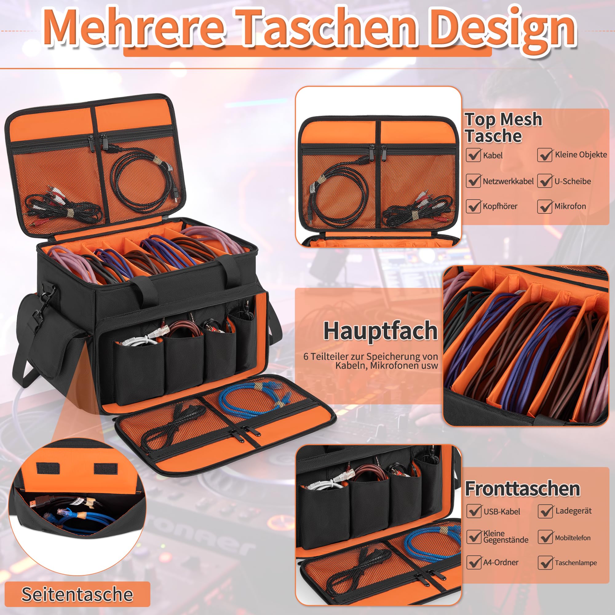 DJ Tasche, 1680D Nylon DJ Gigbag mit Abnehmbaren Trennwänden und Boden, DJ Kabel Organizer Tasche für Professionelle DJ Ausrüstung, Musikinstrumente und Zubehör, Orange (Mittlere)
