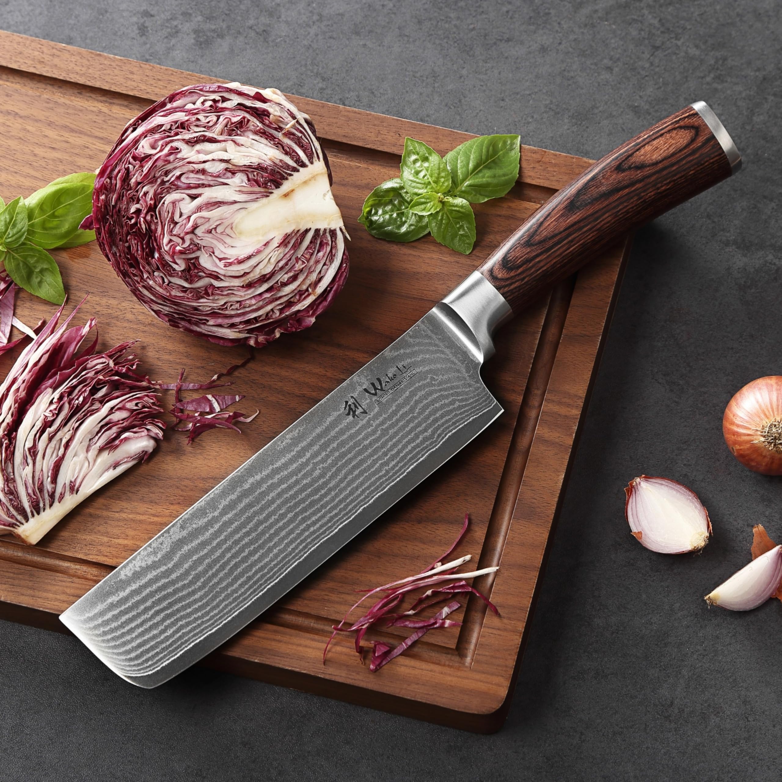 Wakoli EDIB Couteau Nakiri de Cuisine Professionnel en Damas, Lame 17,5 cm | acier damassé à 67 couches, noyau VG10, manche en bois de pakka, lame tranchante et précise pour les travaux en cuisine