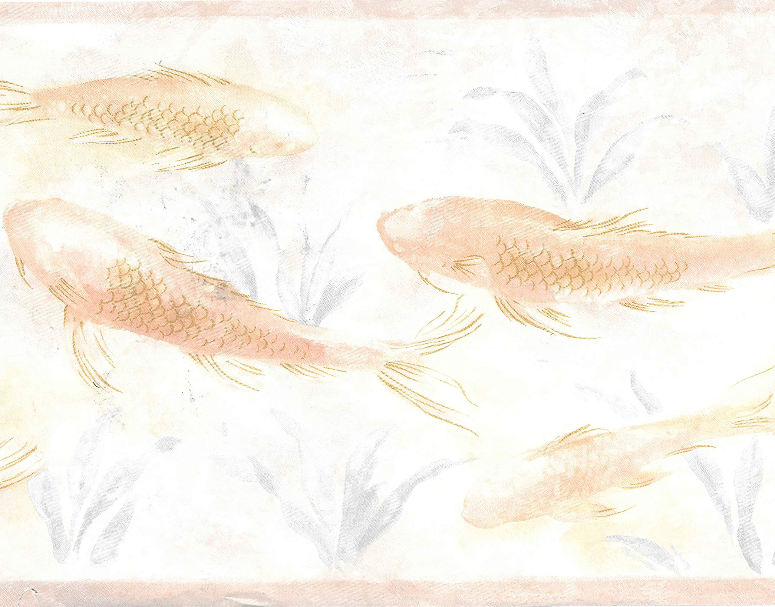 Dundee Deco BD6105 Prepasted Wallpaper Border - Nautical Pearl, Beige, Pink, Light Green Fish in Pond Wall Border Retro Design, 15 ft x 9 in (4.57m x 22.86cm)
