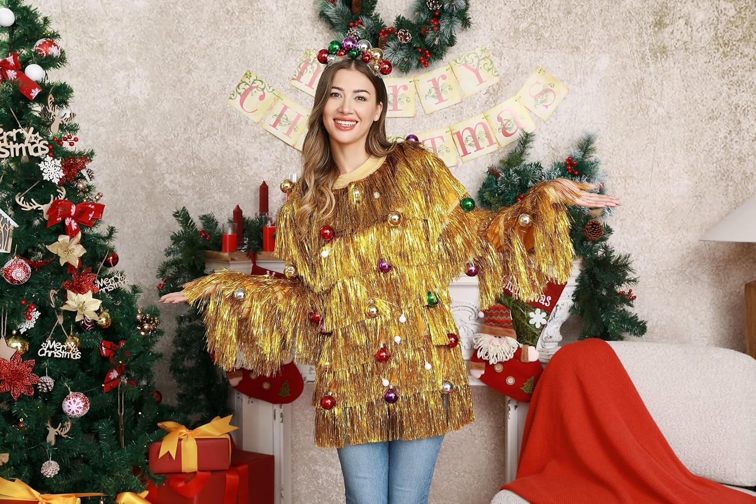 LED Ugly Christmas Sweater for Women, Unisex Men Xmas Pullover with Light for Party FestiveLargeTinsel Tassel Takeover