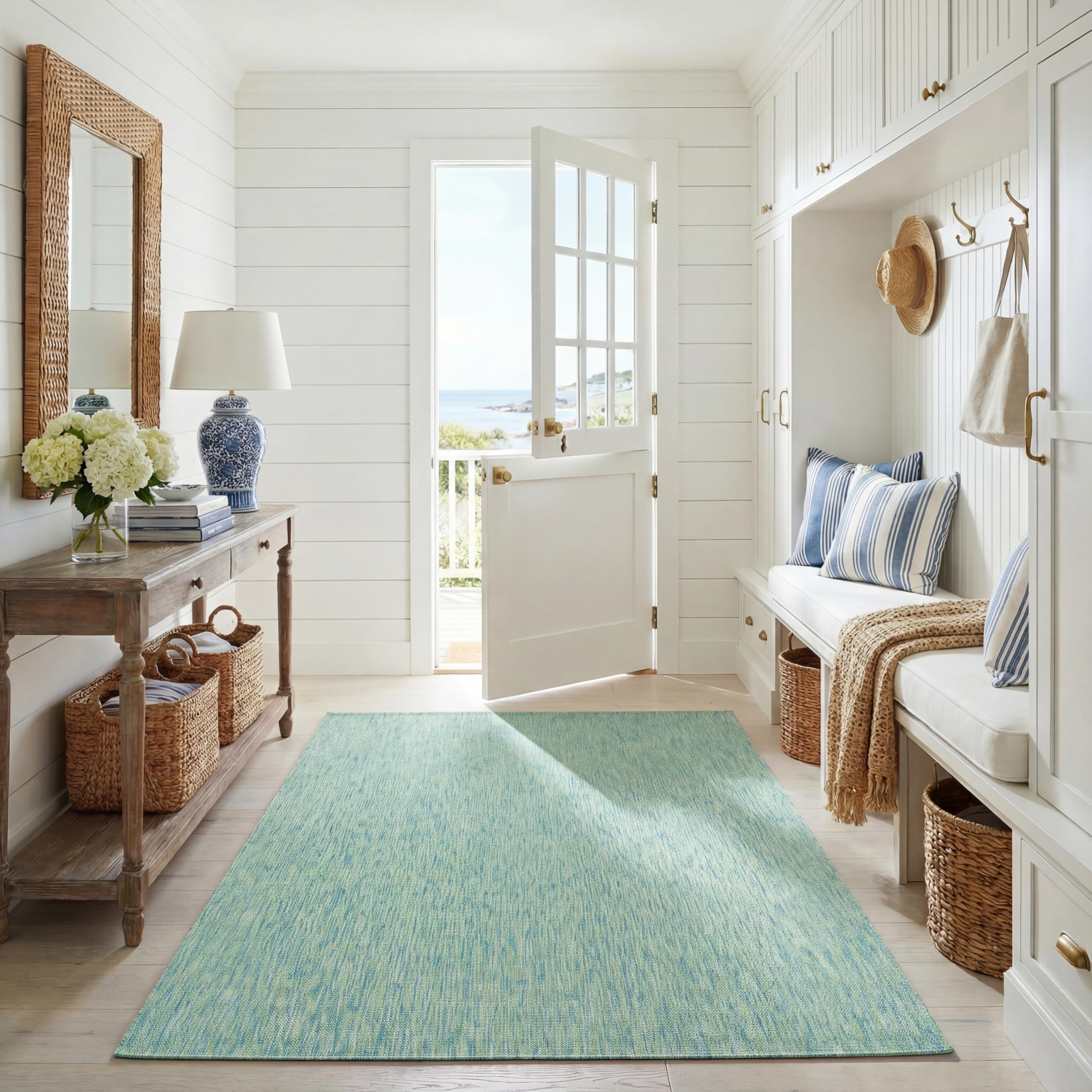 SAFAVIEH Courtyard Outdoor Area Rug 4'x5'7", Green &amp; Blue CY8521-55722