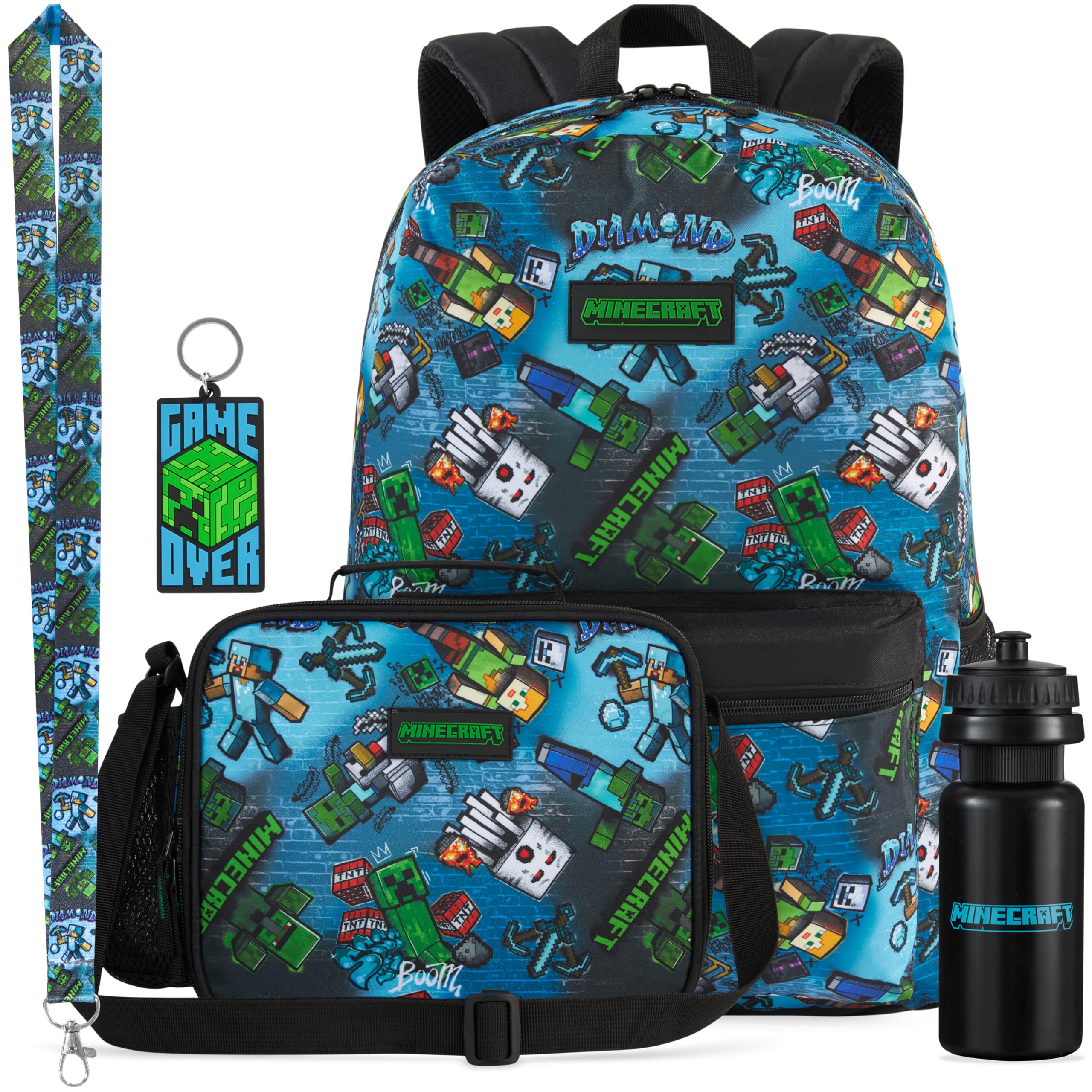 Get Trend Minecraft Rucksack Kinder 5er Set, Kinderrucksack mit Federmäppchen, Isolierte Lunchtasche, Schlüsselband, 500ml Trinkflasche BPA-Frei (Multi Minecraft)