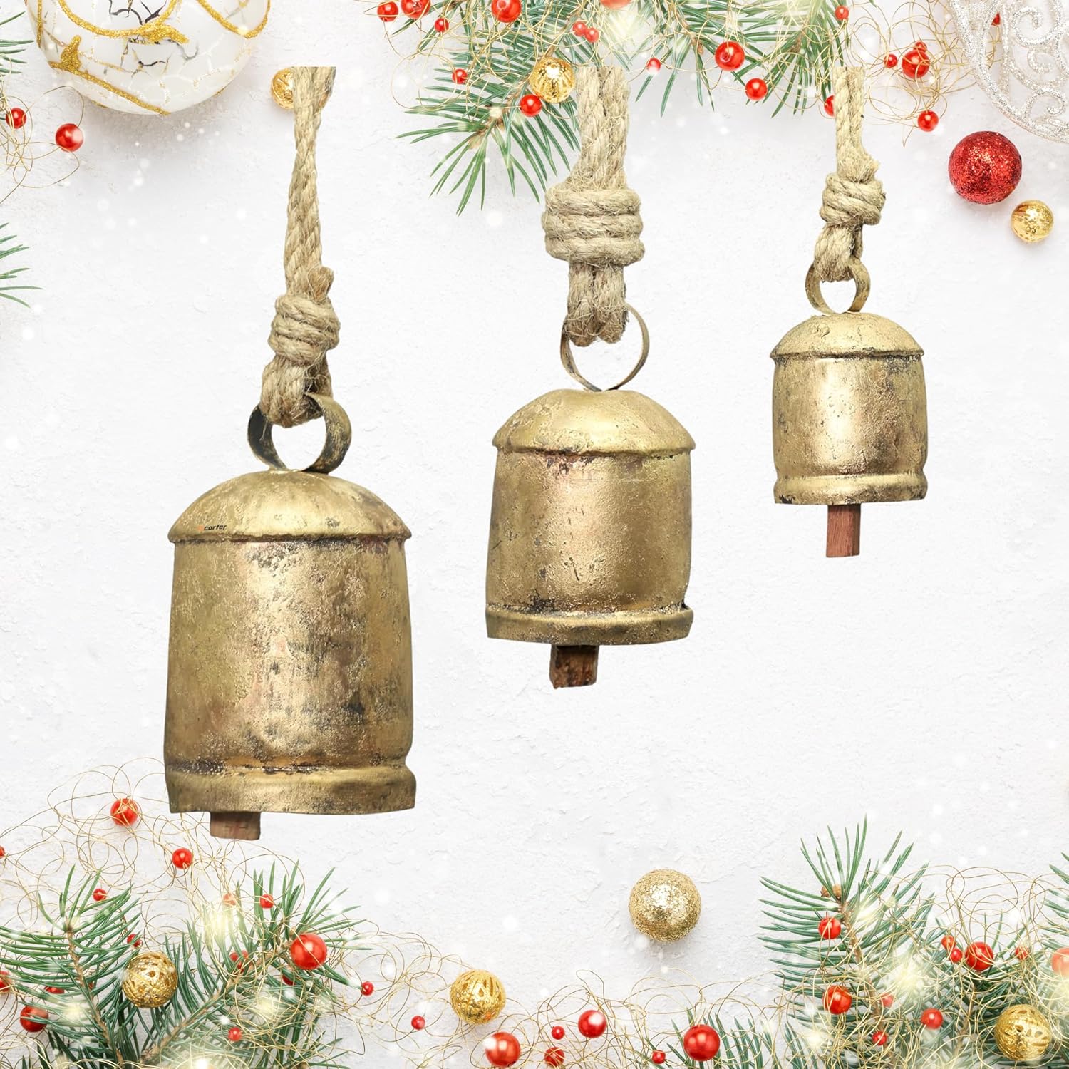 BELLUXE Set of 3 Harmony Cow Bells Vintage Handmade Rustic Lucky Christmas Hanging Décor Bells On Rope