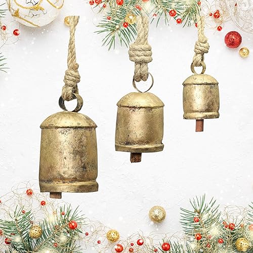 Miniatura 5 de BELLUXE - Juego de 4 campanas de vaca Harmony, vintage, hechas a mano, rústicas, de la suerte, para colgar en cuerda