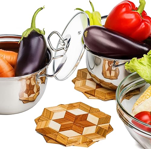 Miniatura 5 de Juego de salvamanteles de madera natural para platos calientes, resistentes de 6 pulgadas, ollas y sartenes, 2 almohadillas calientes ecológicas