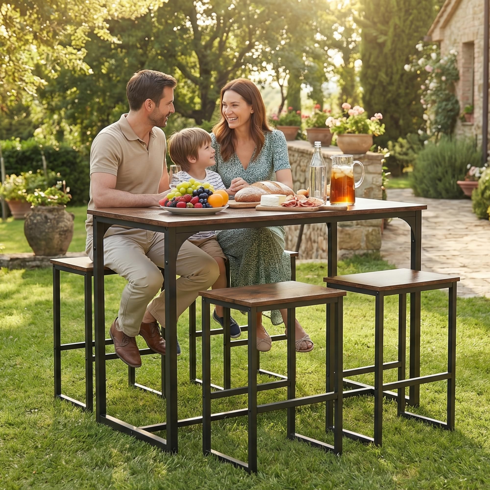 Tavolo da Pranzo con 4 Sedie, Tavolo e Sedie da Esterno Set 5 Pezzi Mobili Industriale Tavolo 100 x 50 x 90 cm, Sedie Cucina 40 x 30 x 65 cm, per Cucina, Nero Opaco + Venatura Legno Retrò