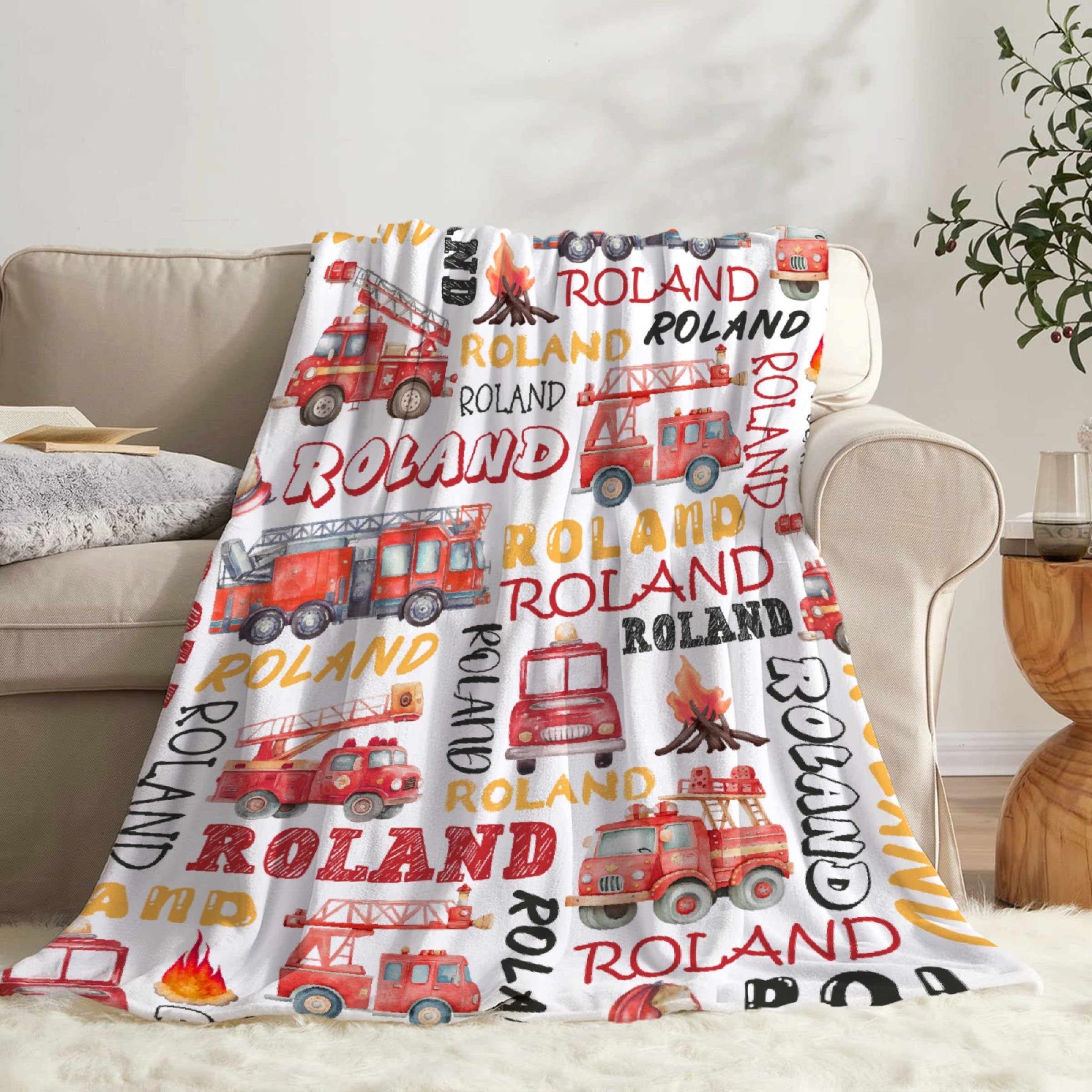Fire Trucks Firefighter Custom Blanket Gifts Personalized Fire Trucks Throw Blankets for Boys Girls Super Soft Fleece Flannel Air Conditioning Blanket for Couch Bed 50x40 in for Kid