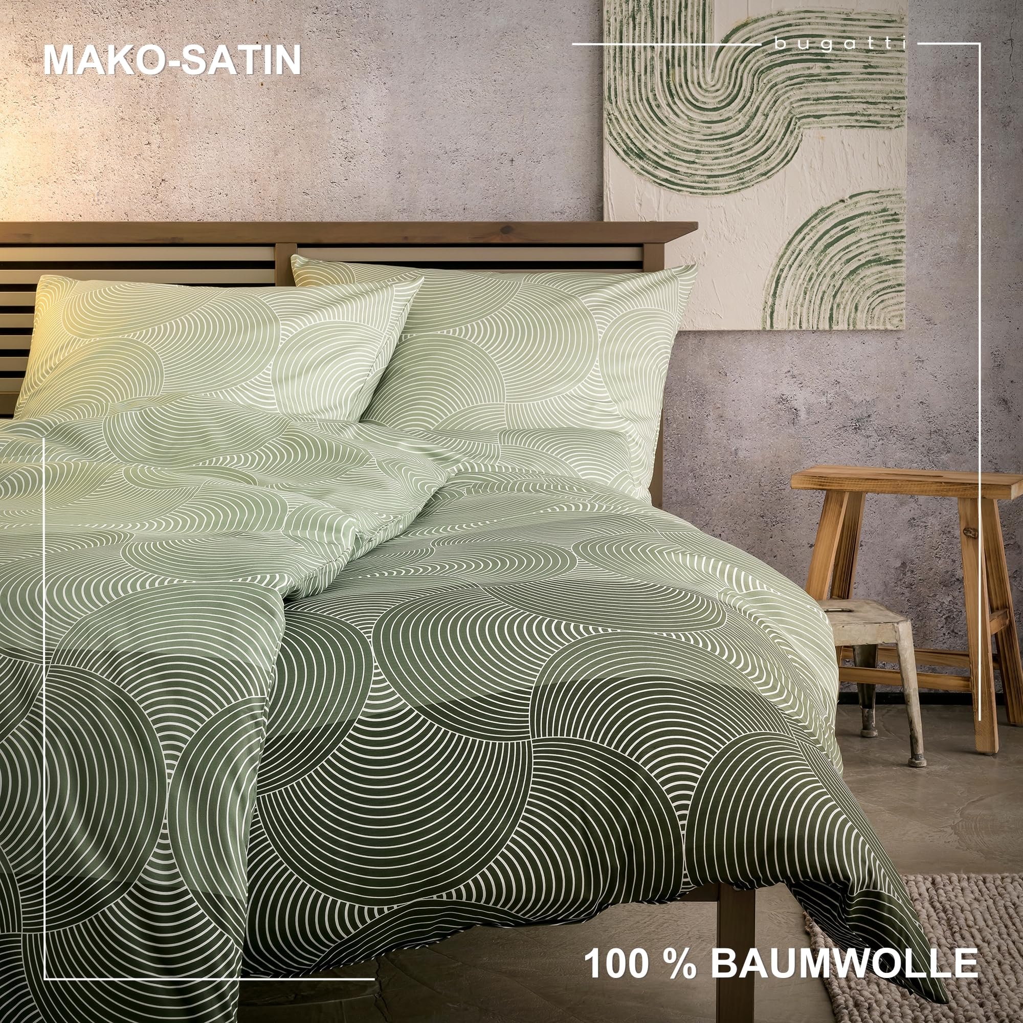 bugatti Biancheria da letto 135 x 200 cm, 100% cotone, chiusura lampo, morbida e lavabile, biancheria da letto in raso makò, motivo a cerchi, verde grafico