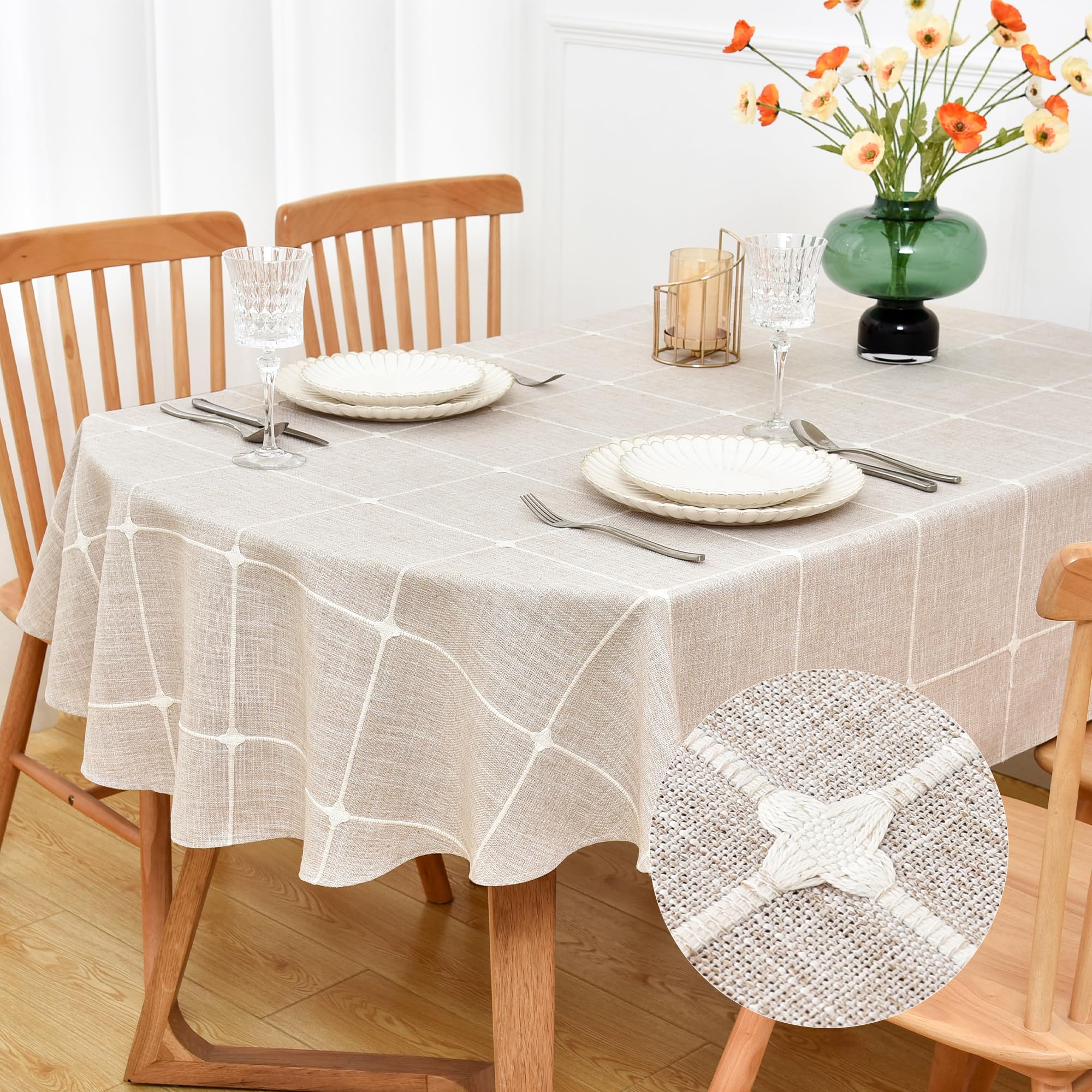 NEWISHER Farmhouse Embroidered Plaid Tablecloth Lattice Fabric Table Cloth Oval Rustic Checkered Table Cover Dining Kitchen Home Decor Party (Brown,