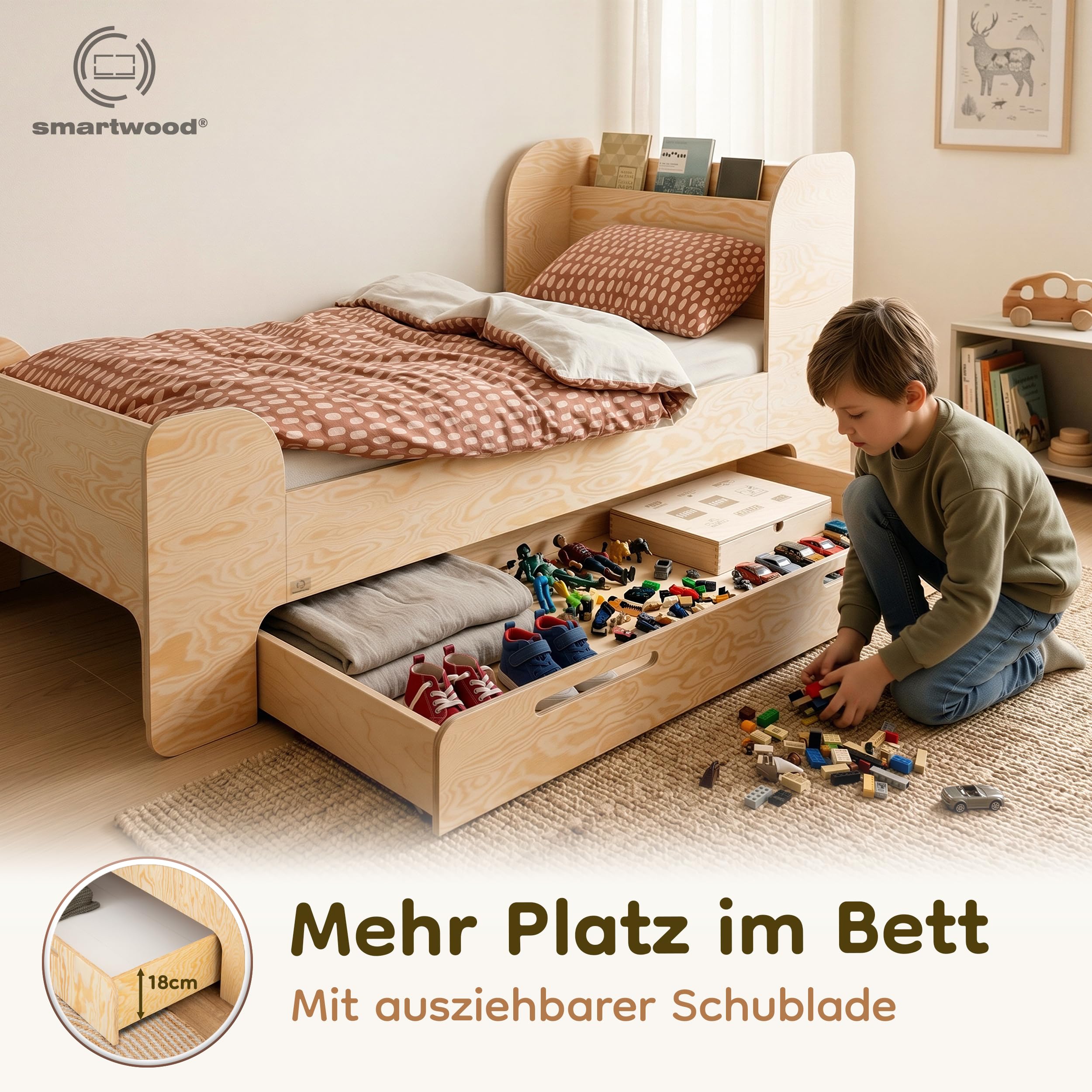 smartwood Kinderbett 100x200 cm mit Schublade, aus Kiefernholz, Flou D