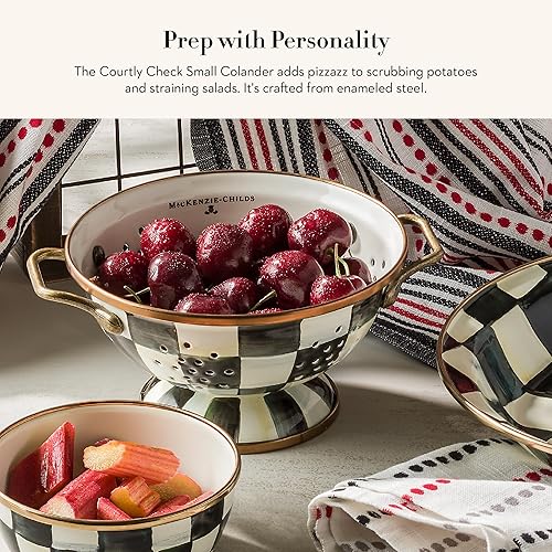 Miniatura 2 de MACKENZIE-CHILDS Colador de esmalte, colador decorativo de cocina, pequeño, a cuadros cortesanos en blanco y negro
