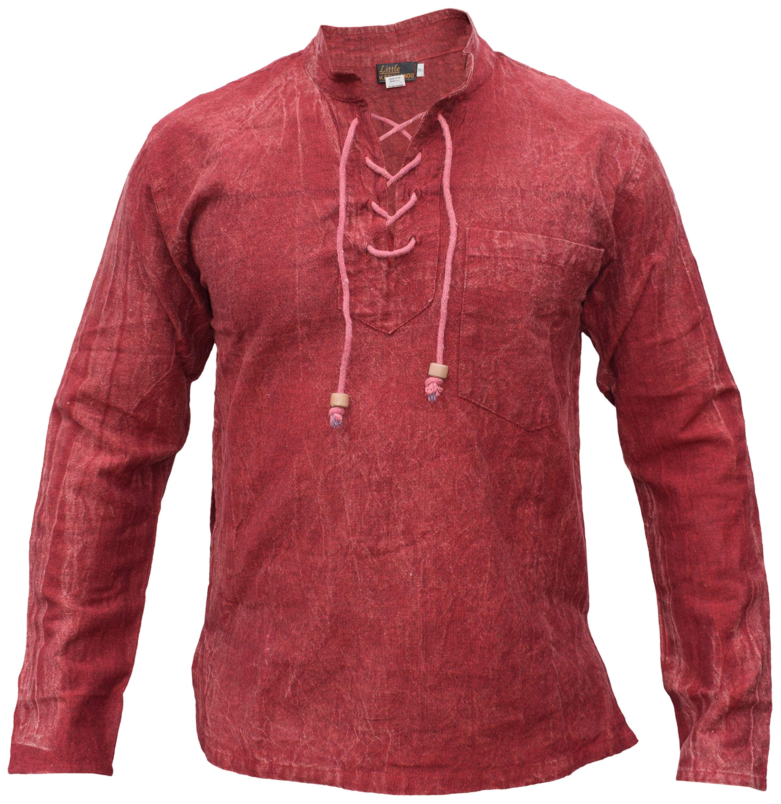 Gheri Mens Hemp Cotton Lace Up V Neck Grandad Shirt Stone Washed Maroon Small